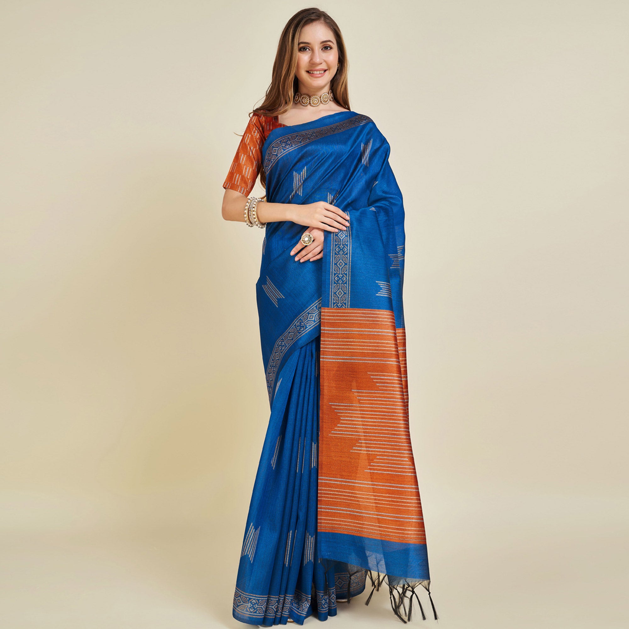 Blue Digital Printed Bhagalpuri Silk Saree With Tassels