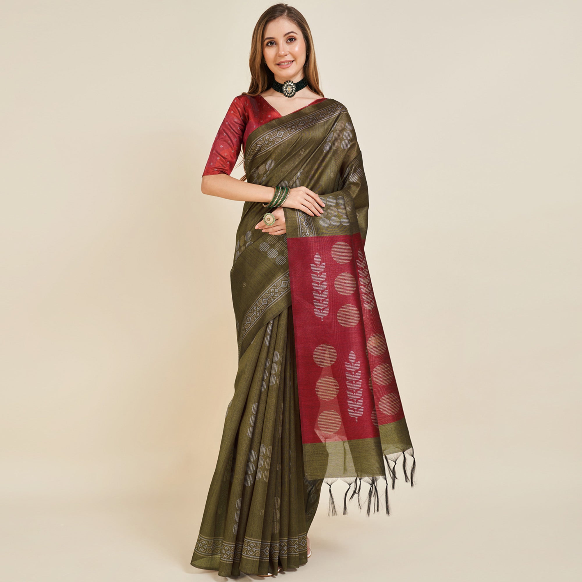 Mehendi Green Digital Printed Bhagalpuri Silk Saree With Tassels