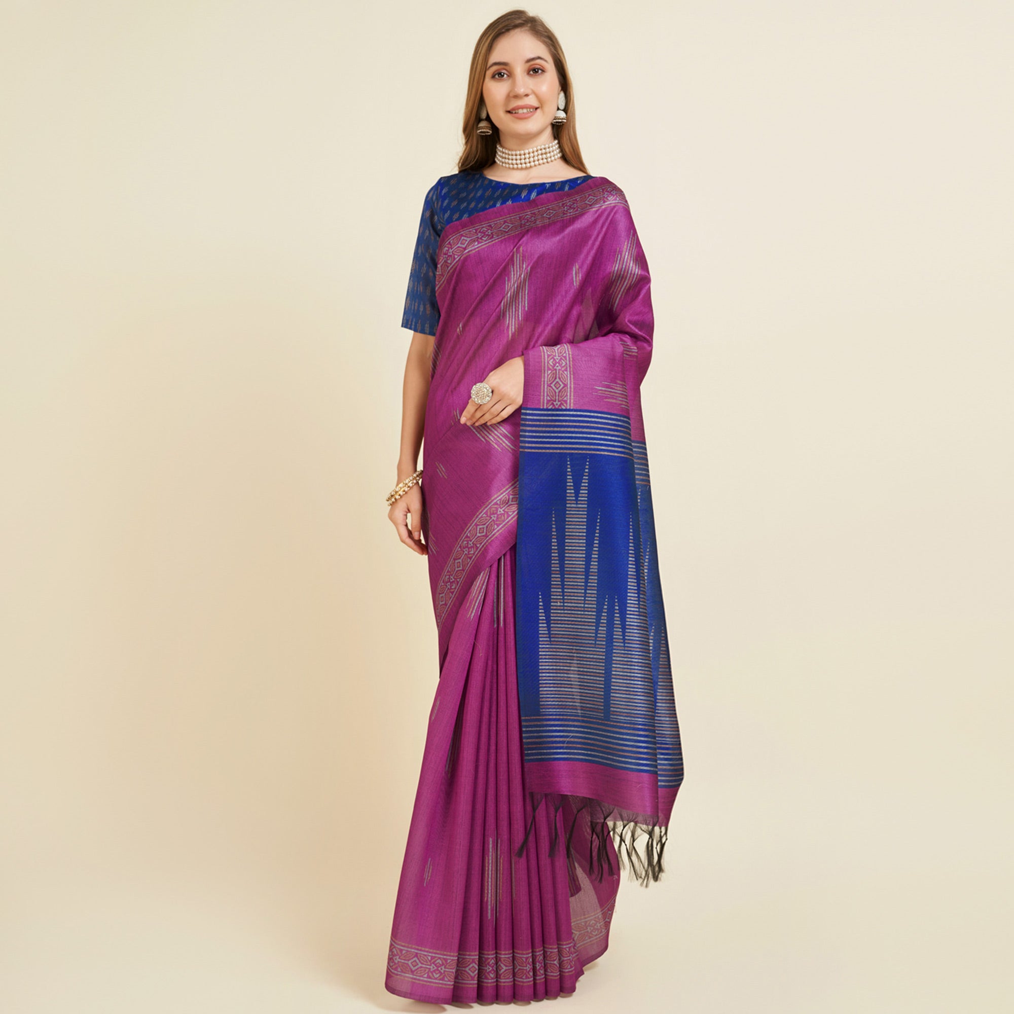 Rani Pink Digital Printed Bhagalpuri Silk Saree With Tassels