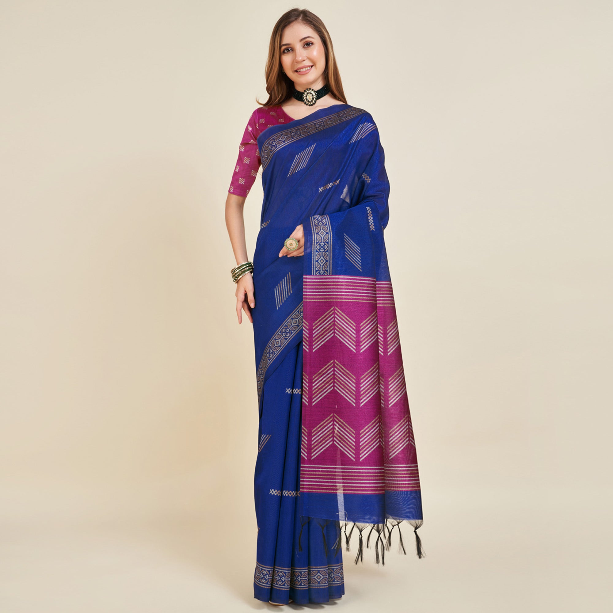 Blue & Rani Pink Digital Printed Bhagalpuri Silk Saree With Tassels