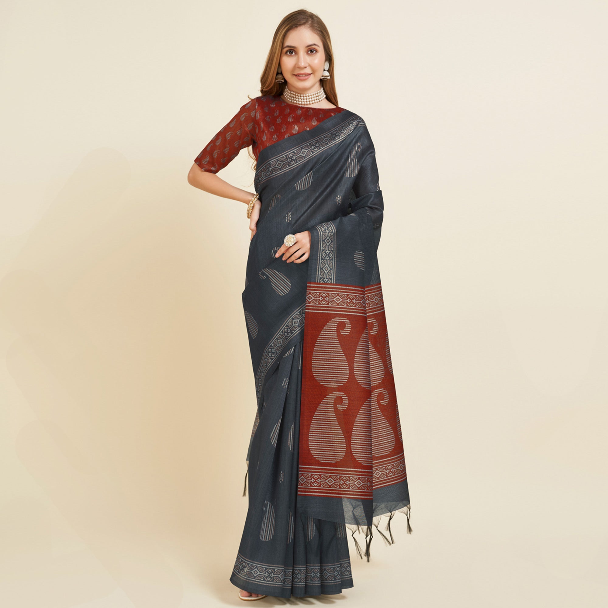 Grey Digital Printed Bhagalpuri Silk Saree With Tassels