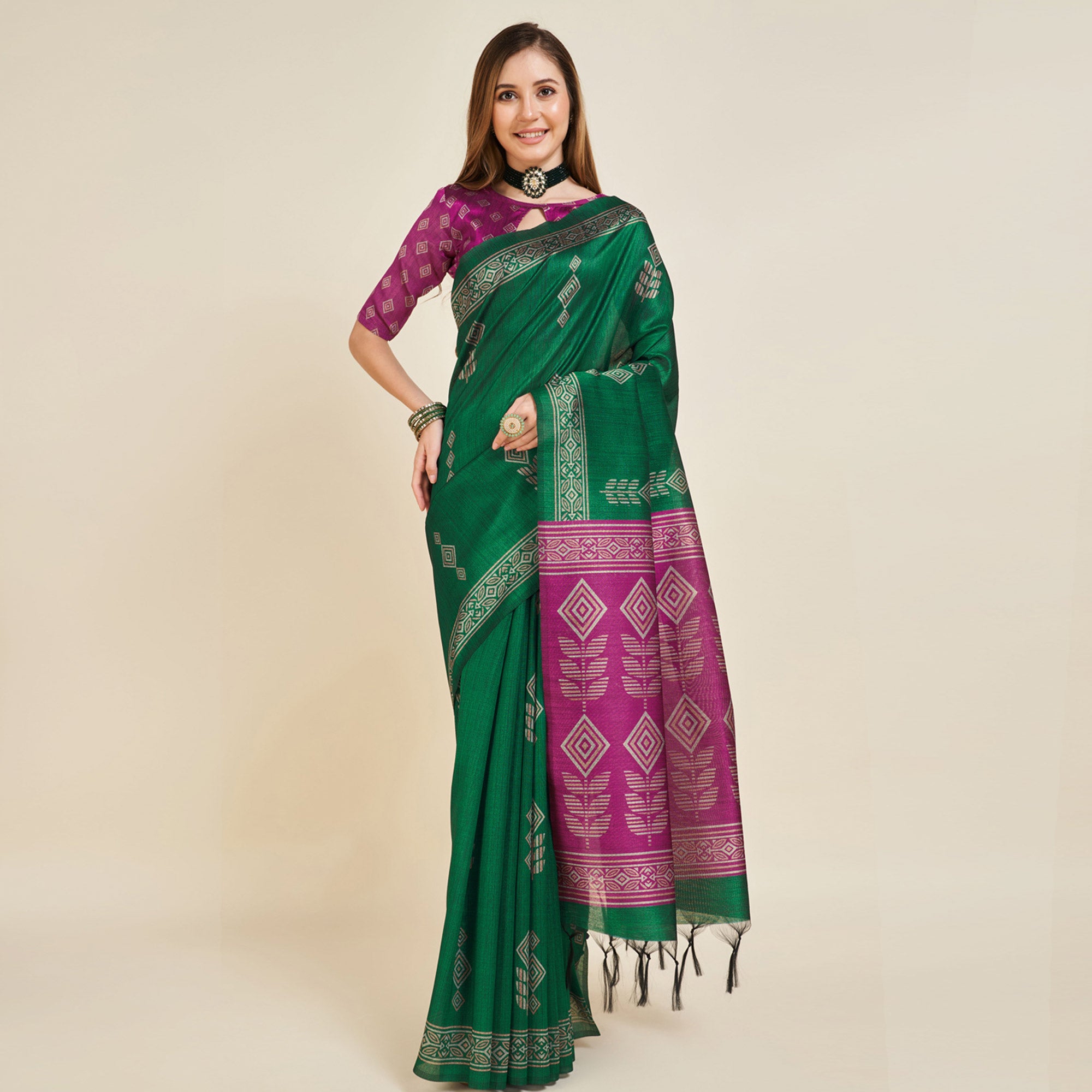 Green Digital Printed Bhagalpuri Silk Saree With Tassels