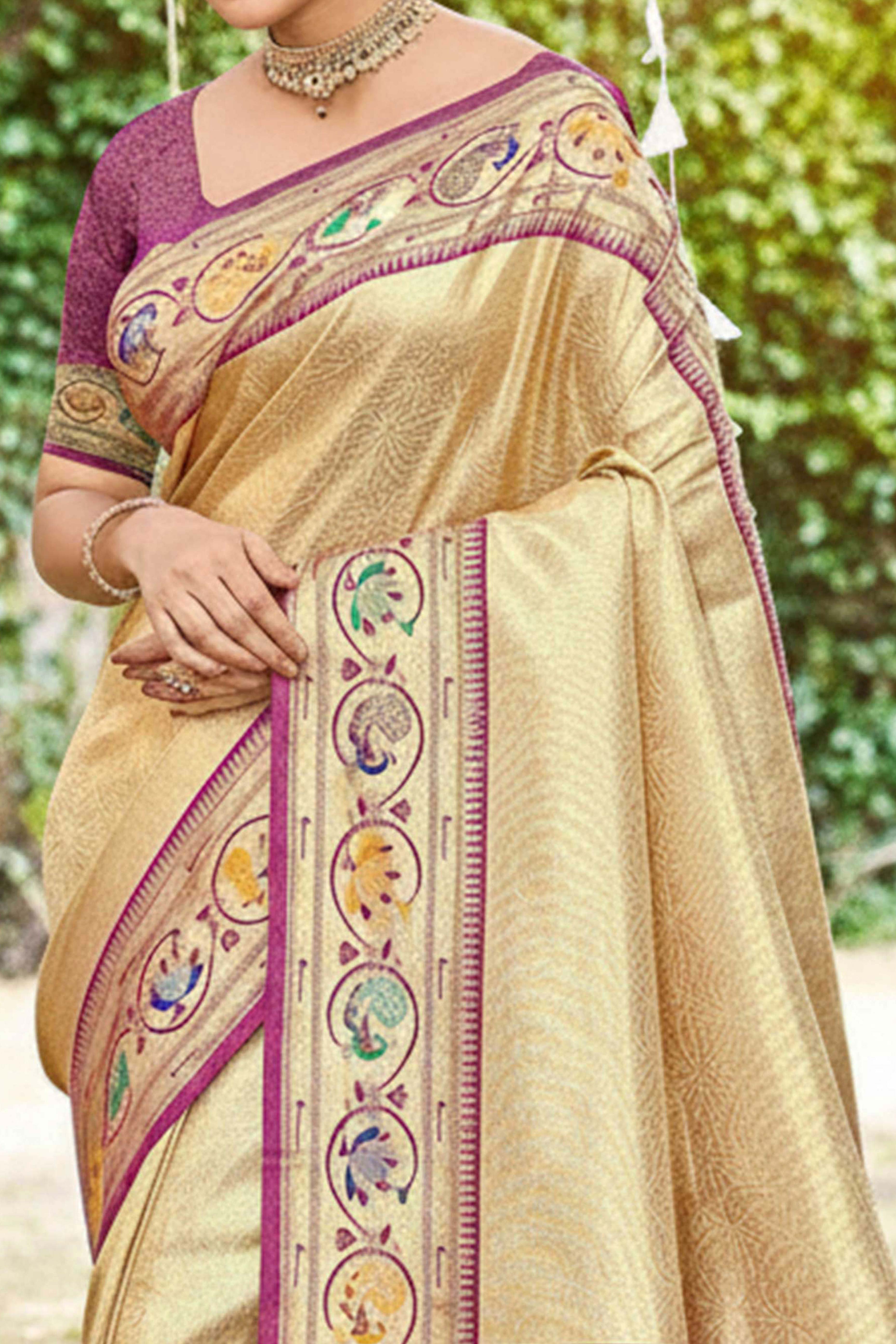 Elegant Cream Weaving Silk Blend Saree With Stunning Peacock Border & Artistic Parrot Motif Pallu