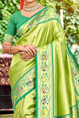 Elegant Green Weaving Silk Blend Saree With Stunning Peacock Border & Artistic Parrot Motif Pallu