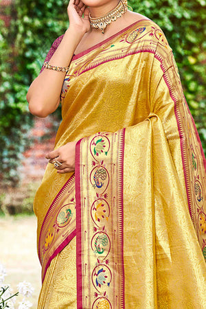 Elegant Golden Yellow Weaving Silk Blend Saree With Peacock Border & Artistic Parrot Motif Pallu