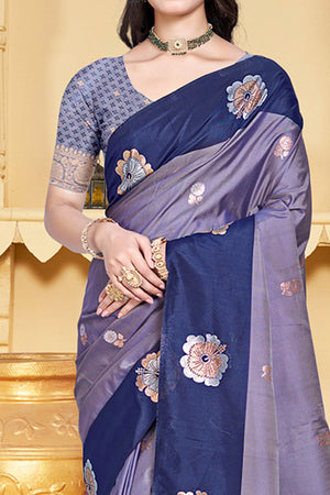 Charming Light Navy Blue Floral Zari Weaving Silk Blend Saree Enhanced With Stylish Tassel Pallu