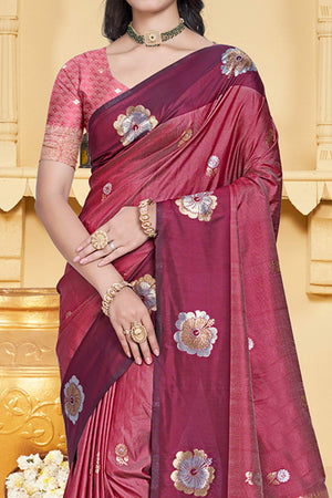 Charming Light Maroon Floral Zari Weaving Silk Blend Saree Enhanced With Stylish Tassel Pallu