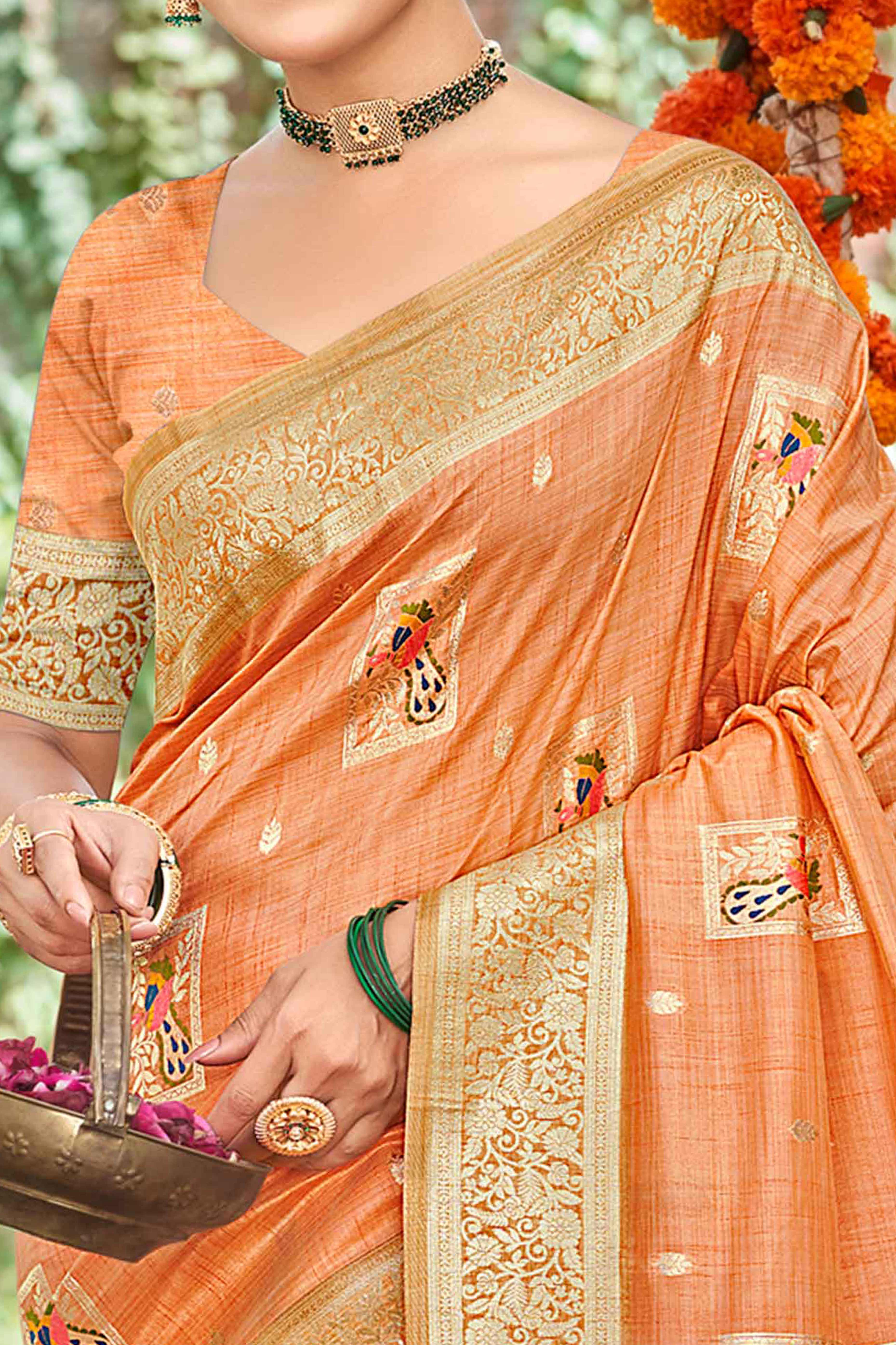 Orange Floral & Peacock Motif Zari Woven Assam Silk Blend Saree With Graceful Tassel Pallu