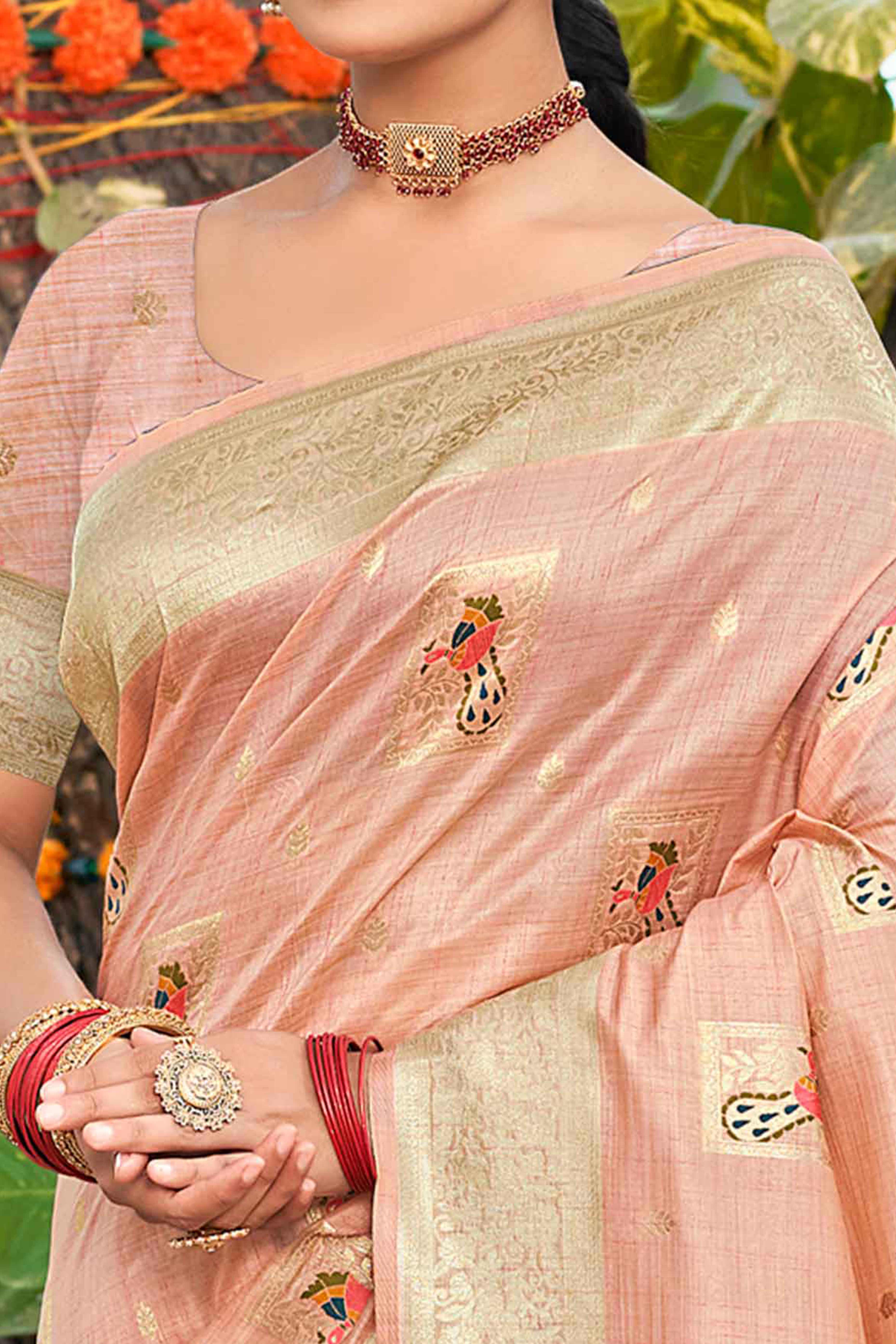 Light Pink Floral & Peacock Motif Zari Woven Assam Silk Blend Saree With Graceful Tassel Pallu