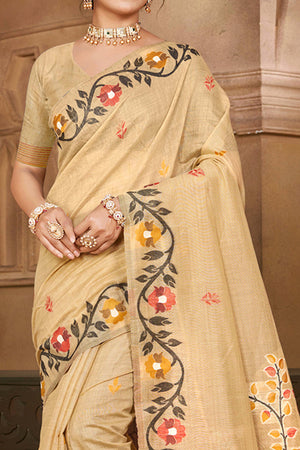 Charming Chikoo Floral Weaving Cotton Silk Saree Enhanced With Tree Motif Pallu With Tassel