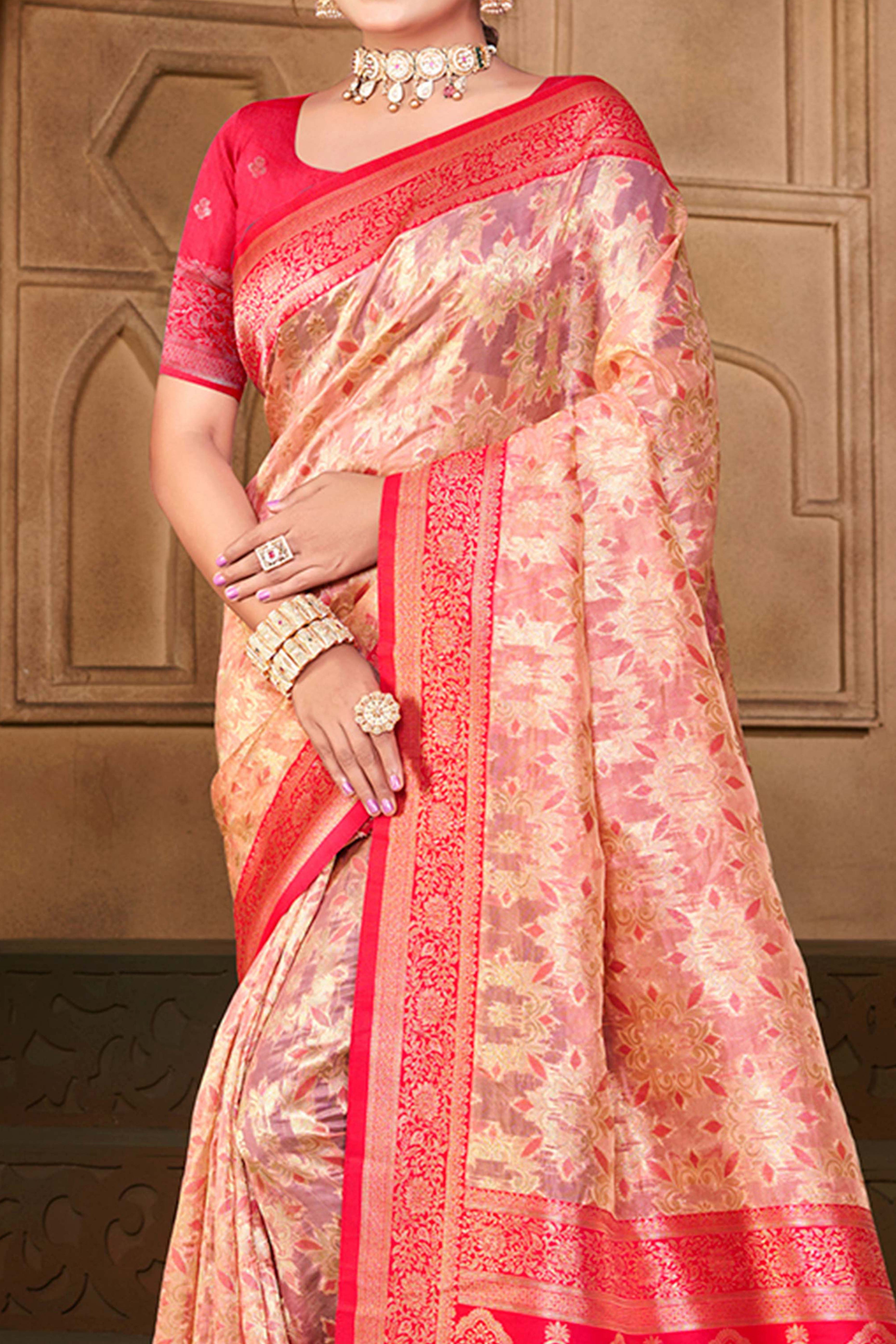 Stunning Pink Floral Weaving Silk Blend Saree Enhanced With A Stylish Tassel Pallu