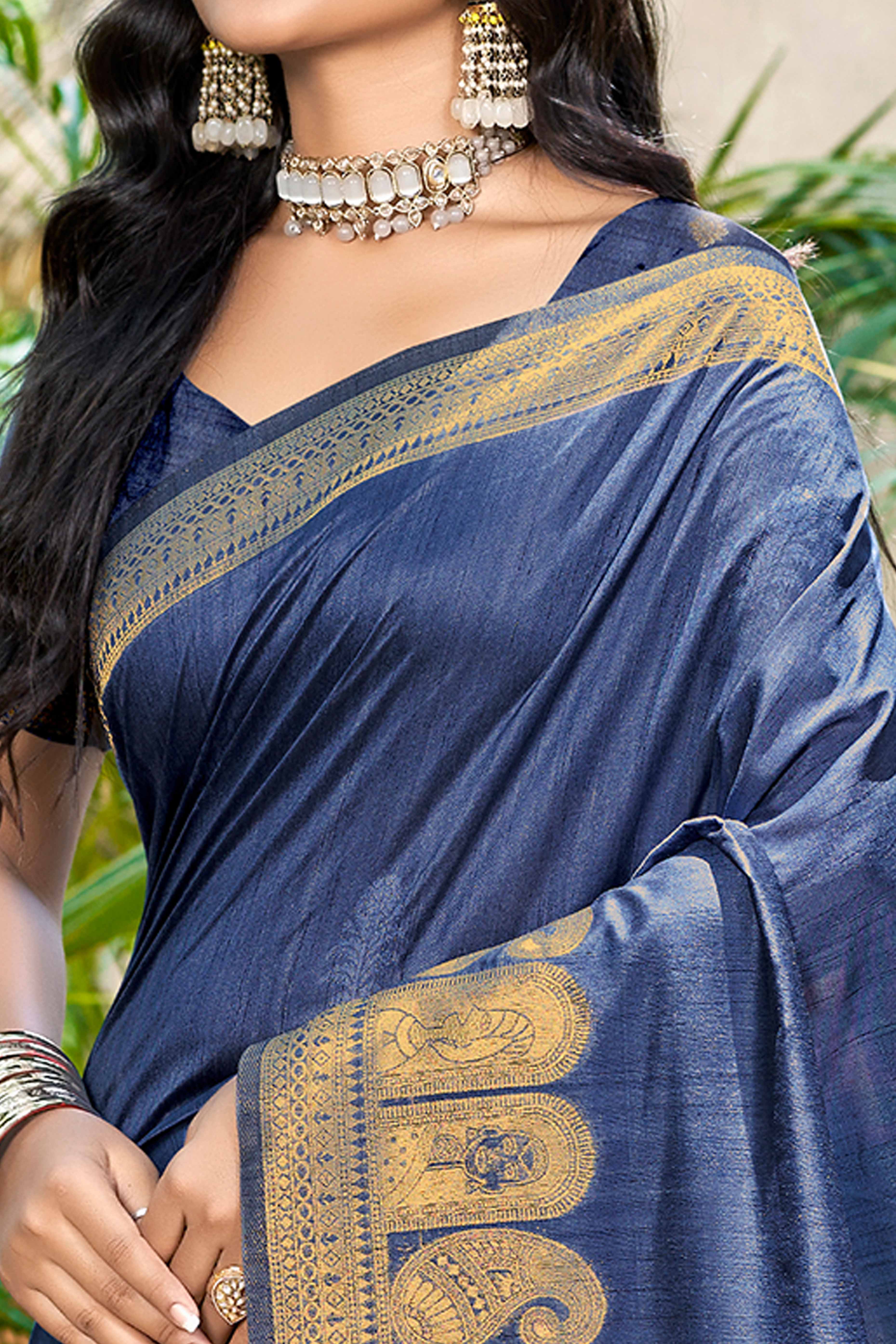 Navy Blue Assam Silk Blend Saree With Intricate Zari Floral & Paisley Weaving & Tassel Pallu