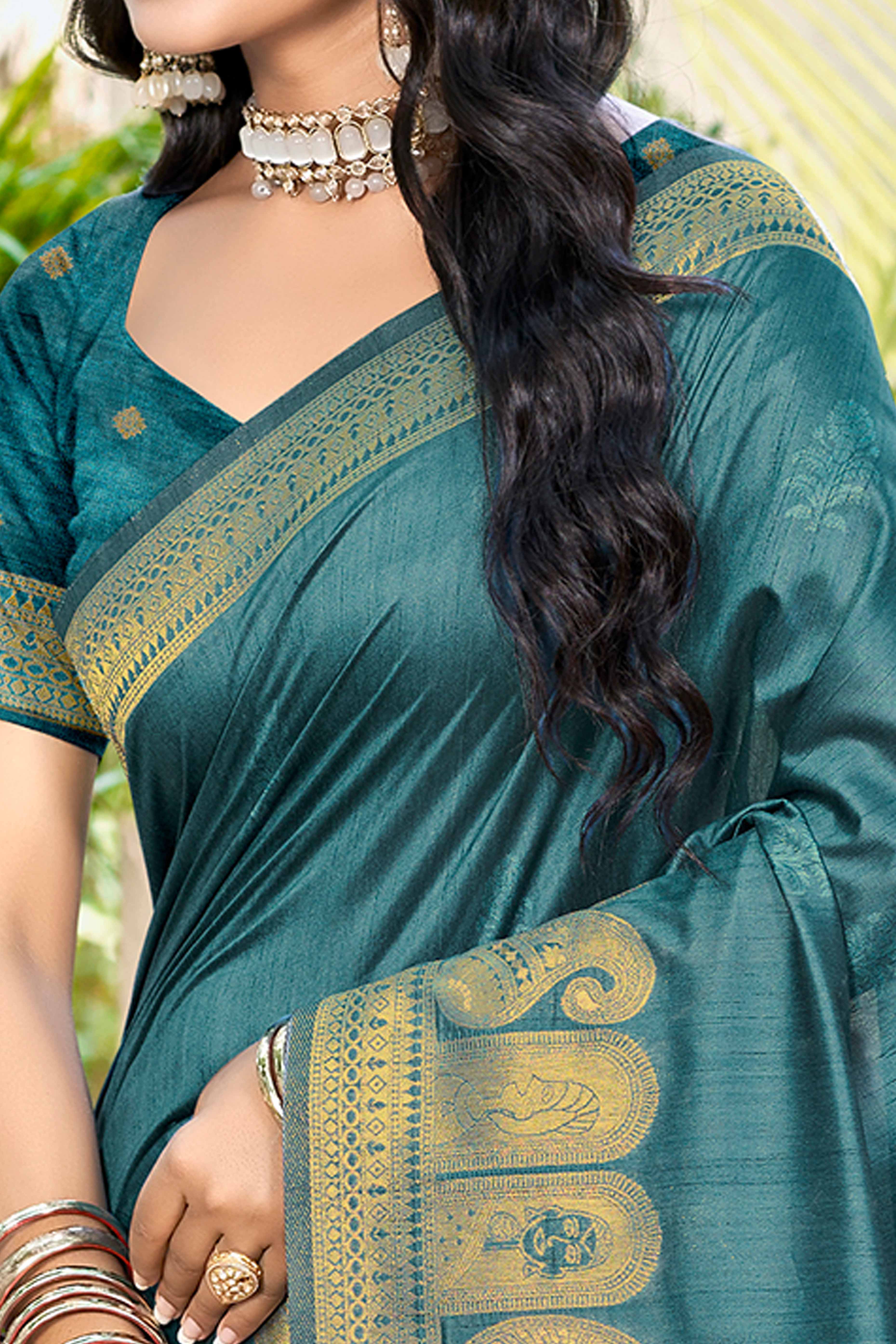 Peacock Blue Assam Silk Blend Saree With Intricate Zari Floral & Paisley Weaving & Tassel Pallu