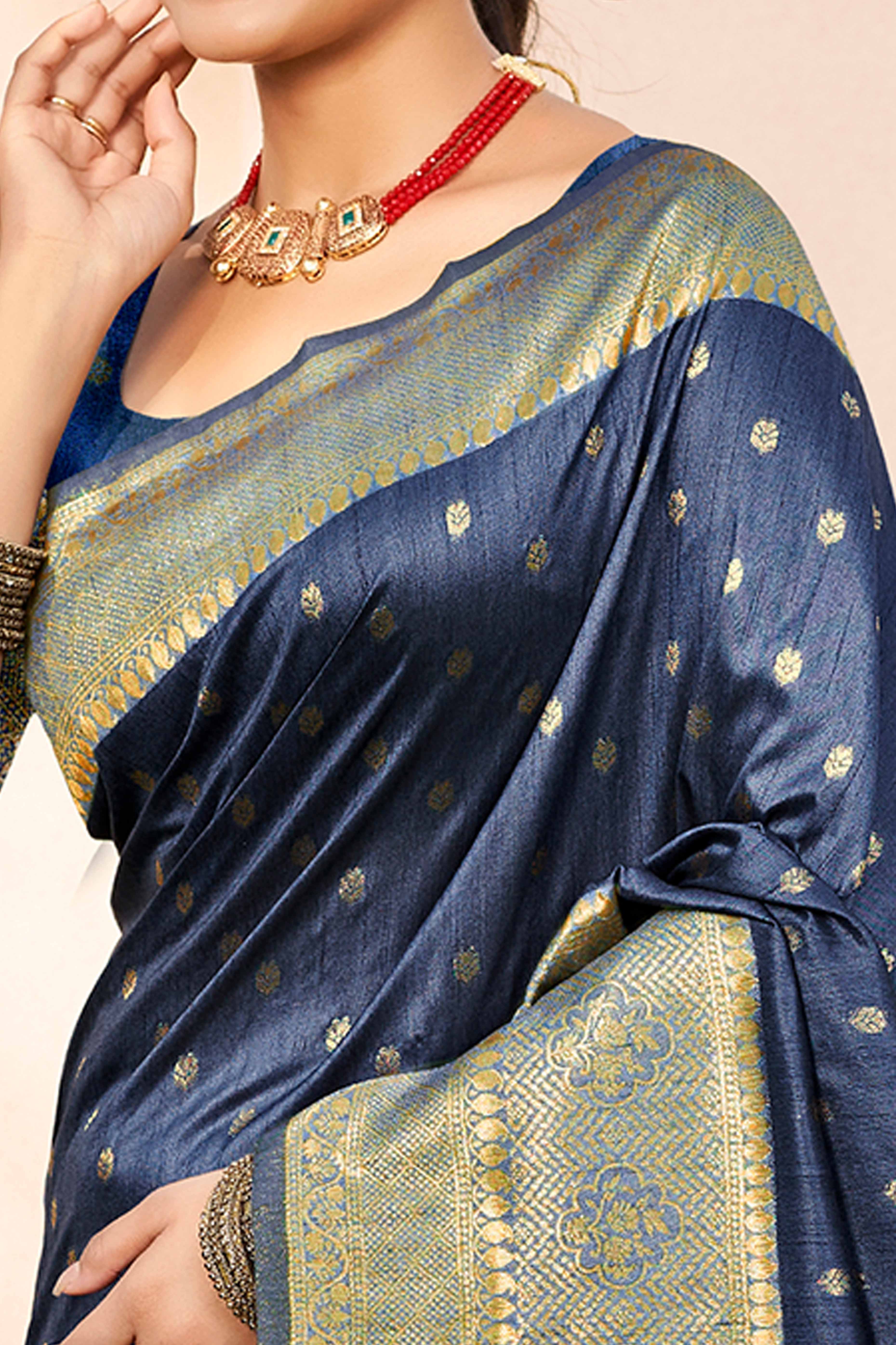 Navy Blue Assam Silk Blend Saree Adorned With Timeless Floral Zari Weaving
