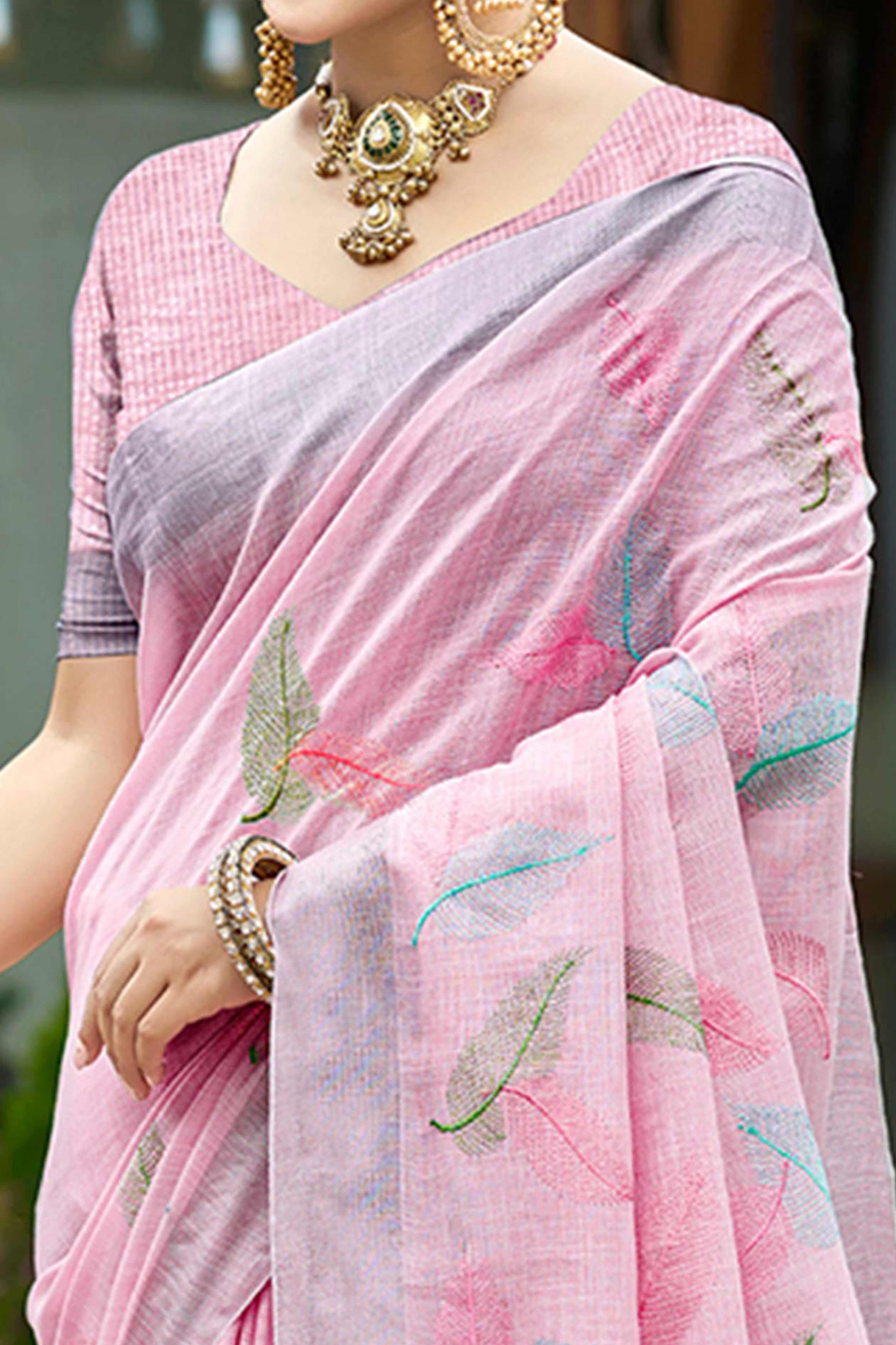 Exquisite Pink Leaf Motif Thread Embroidered Linen Saree With Elegant Weaving Border