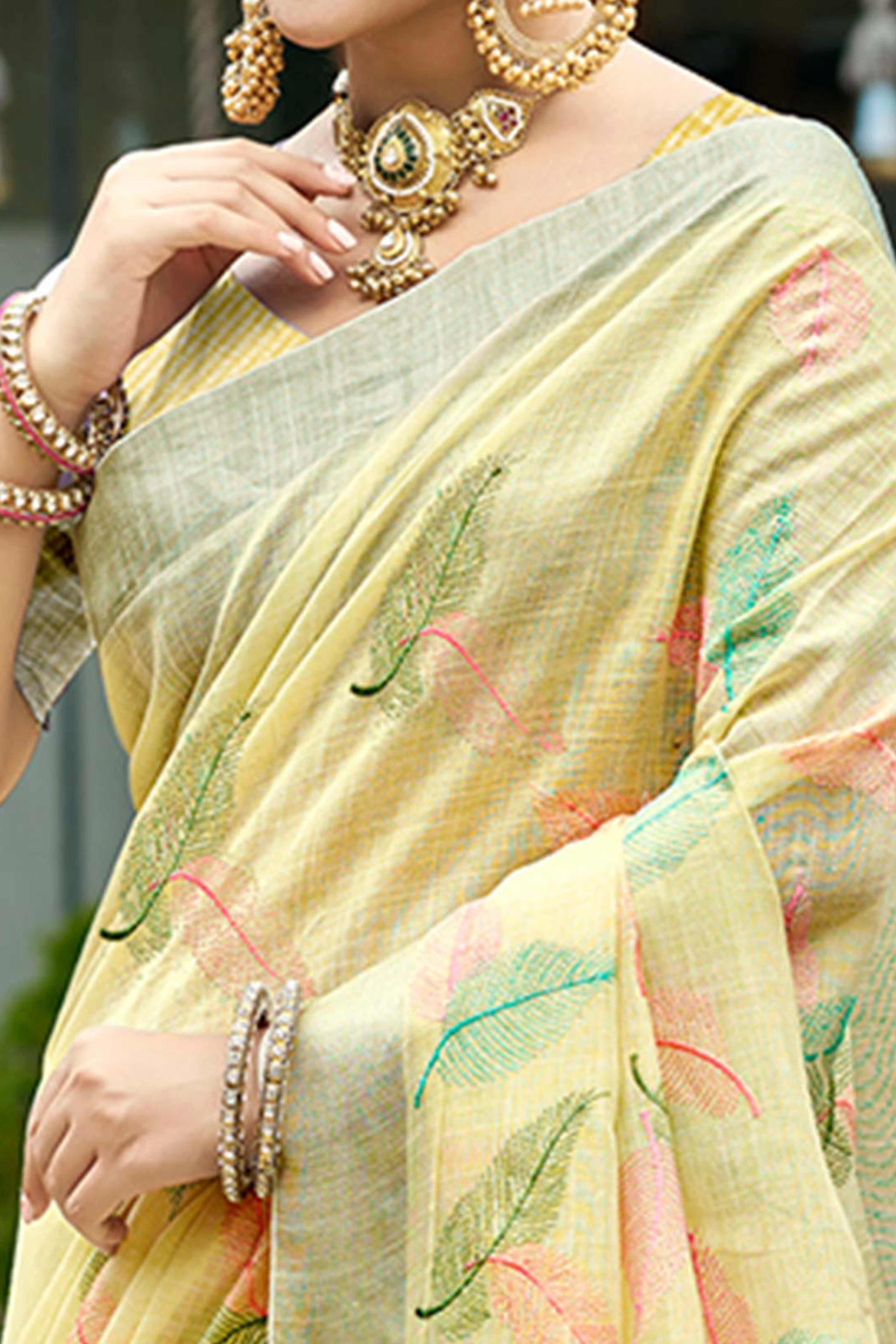 Exquisite Yellow Leaf Motif Thread Embroidered Linen Saree With Elegant Weaving Border