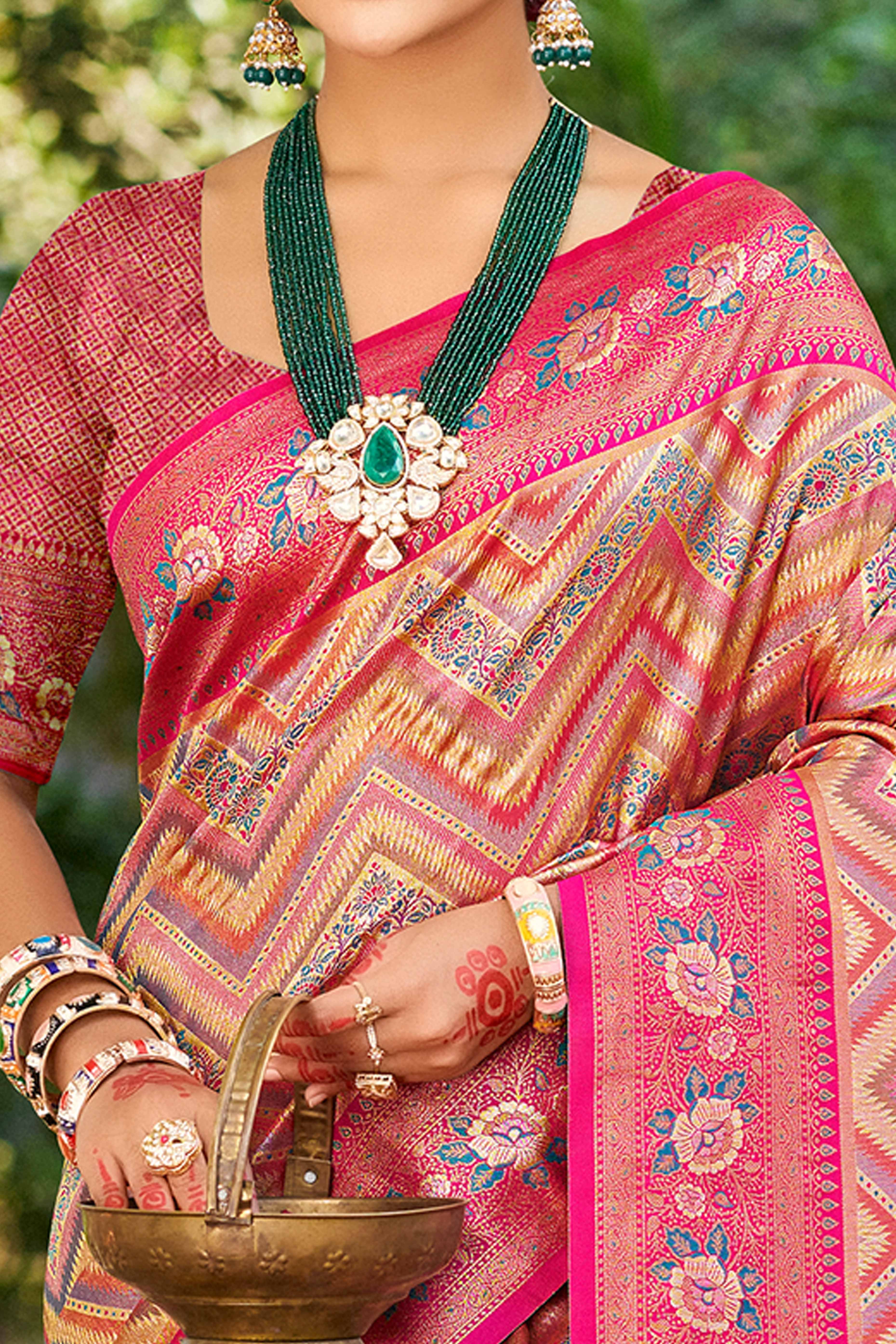 Pink Silk Blend Dharmavaram Saree Featuring Floral & Zig Zag Woven Patterns With Tassel Finish