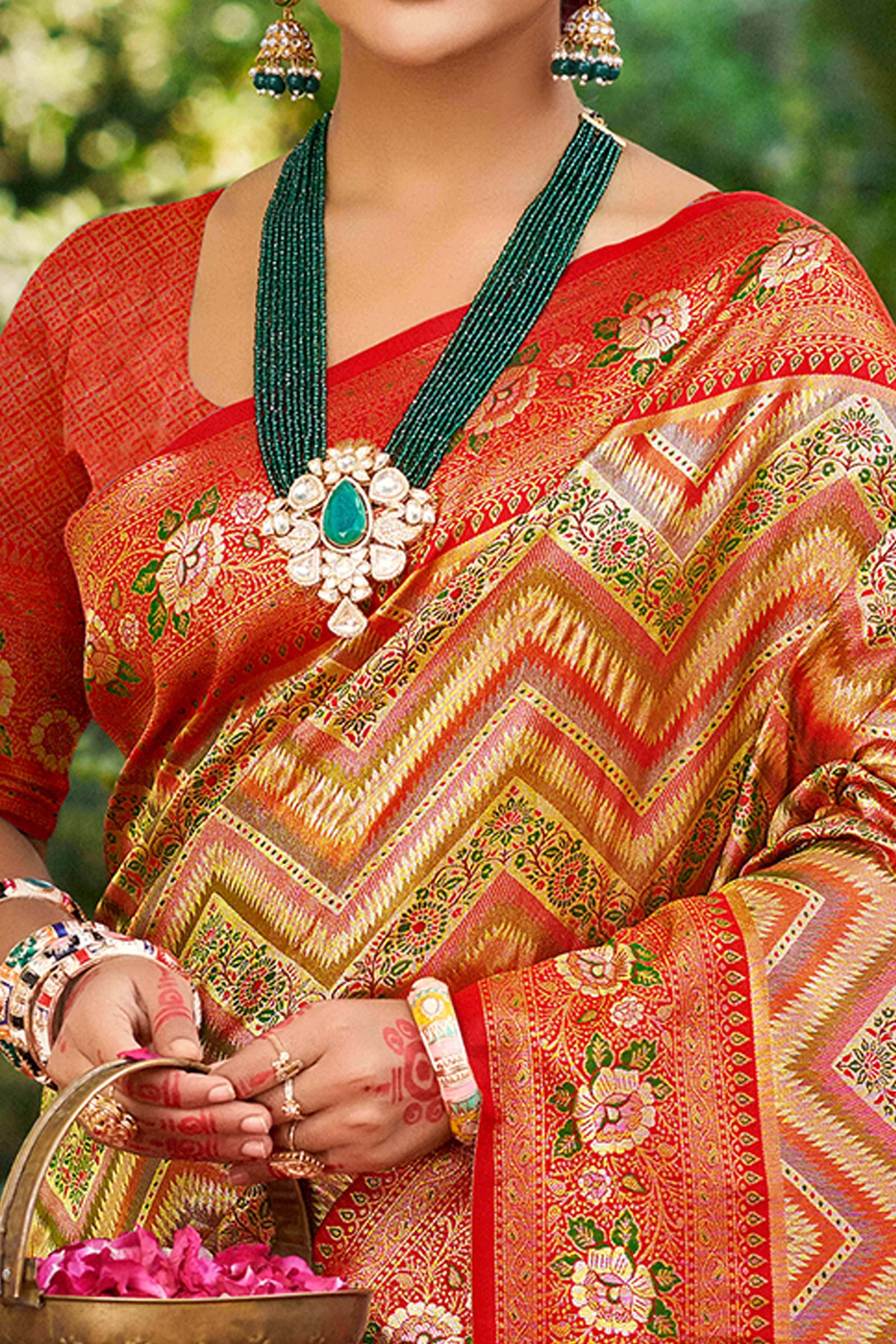 Red Silk Blend Dharmavaram Saree Featuring Floral & Zig Zag Woven Patterns With Tassel Finish