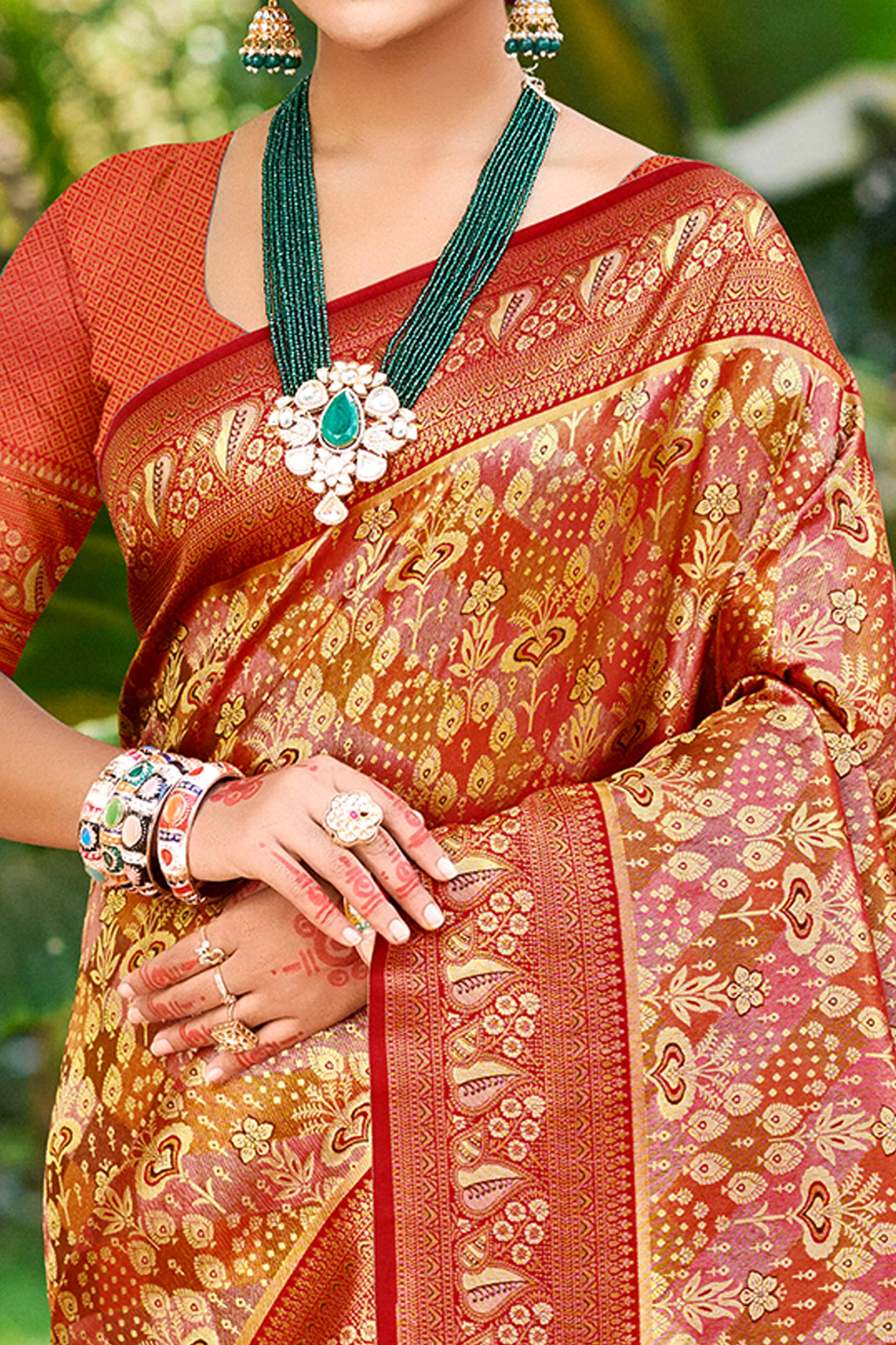 Maroon Floral Weaving Silk Blend Dharmavaram Saree Accented With Tassel Pallu