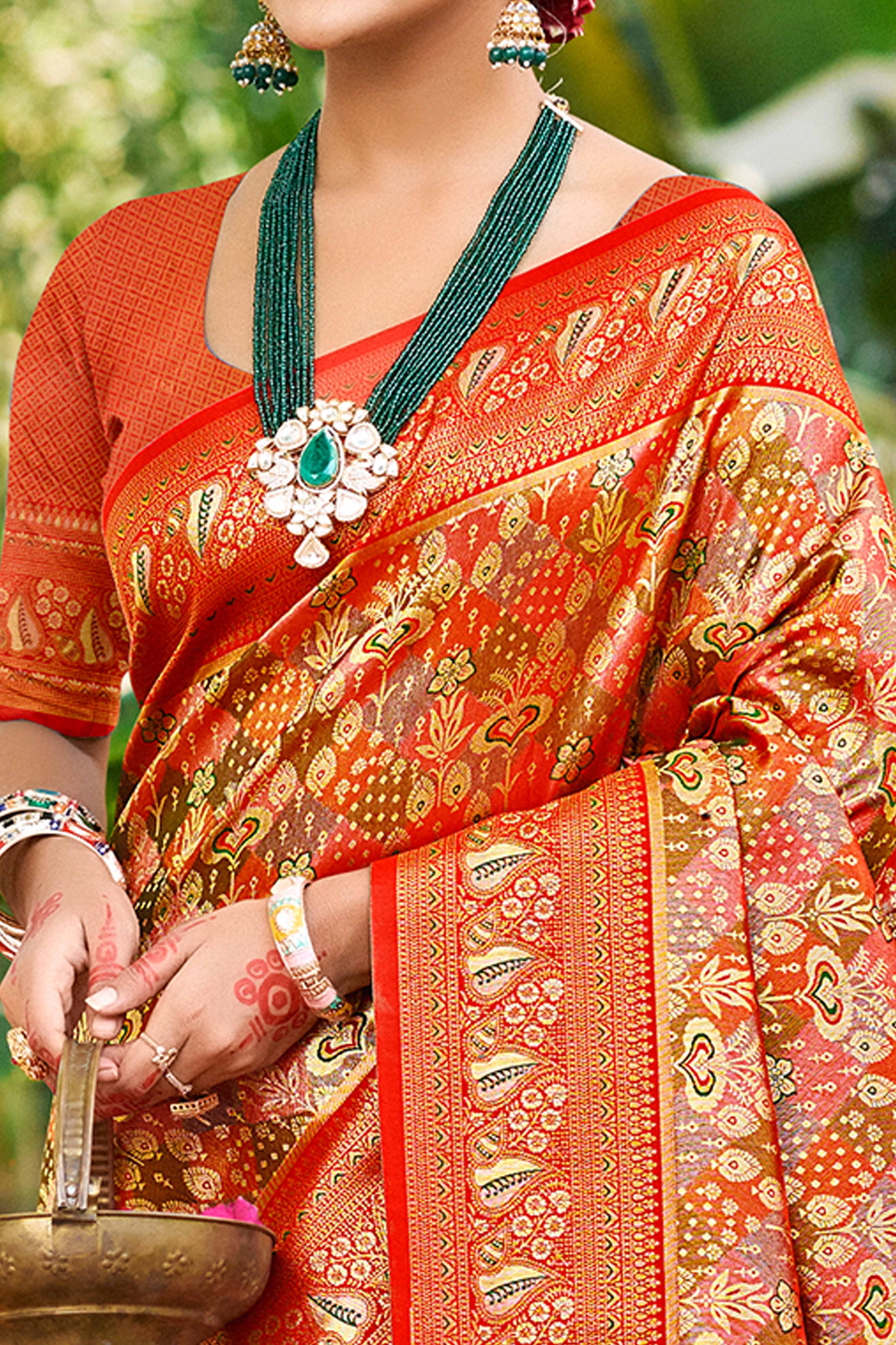 Red Floral Weaving Silk Blend Dharmavaram Saree Accented With Tassel Pallu