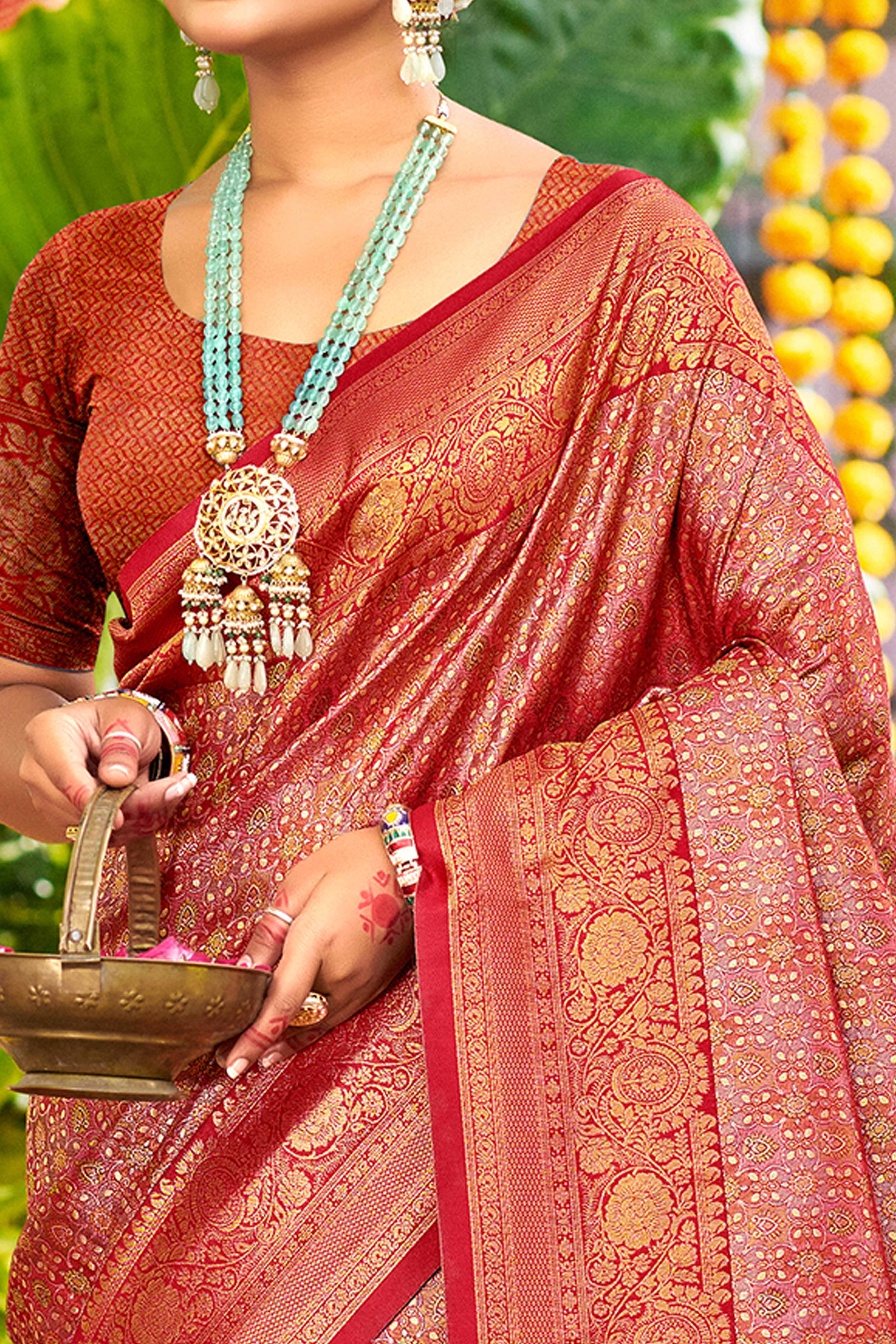 Pink Traditional Silk Blend Dharmavaram Saree With Floral Weaves & Tassels Pallu