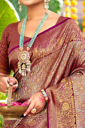 Wine Traditional Silk Blend Dharmavaram Saree With Floral Weaves & Tassels Pallu