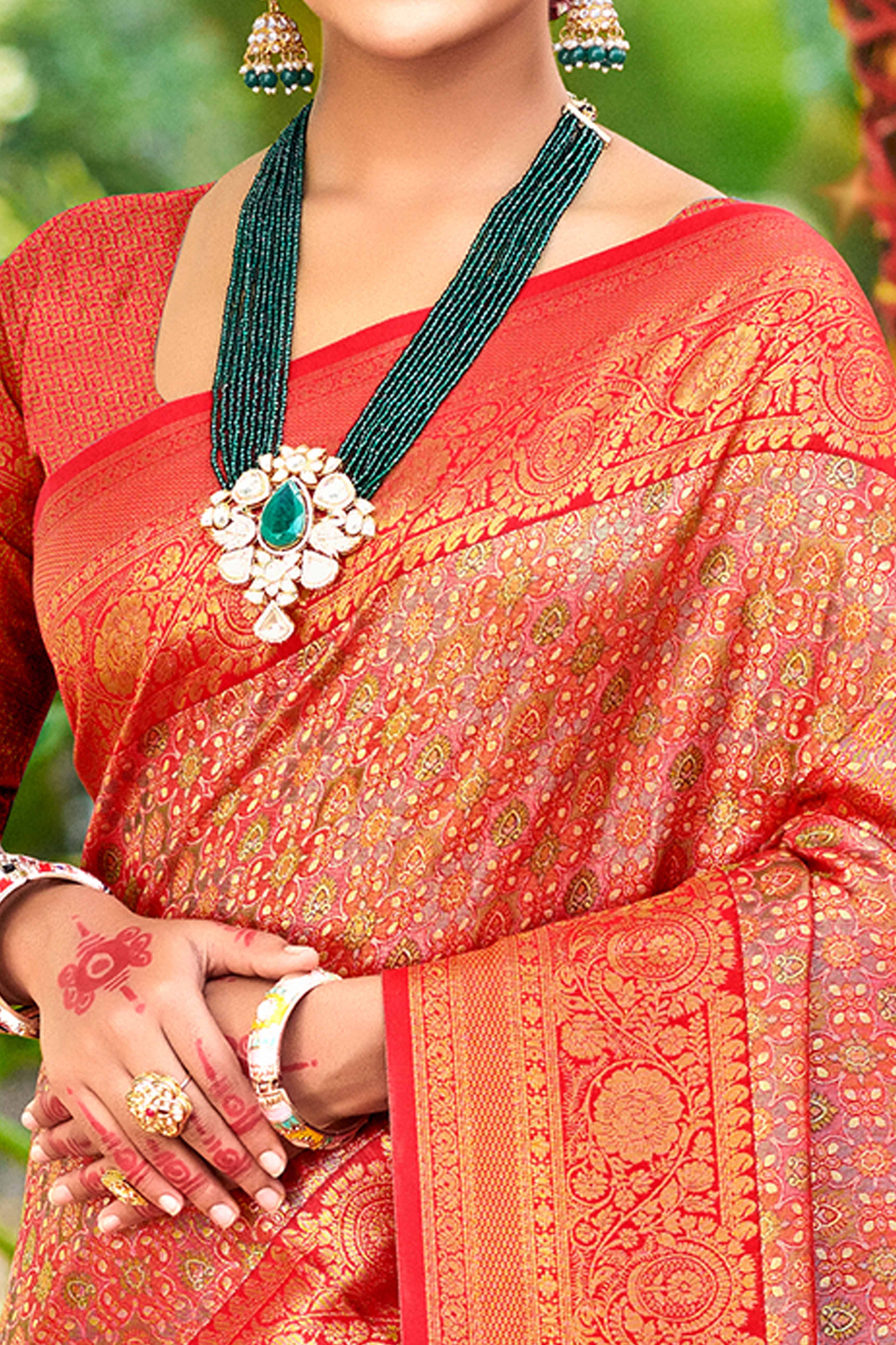 Red Traditional Silk Blend Dharmavaram Saree With Floral Weaves & Tassels Pallu