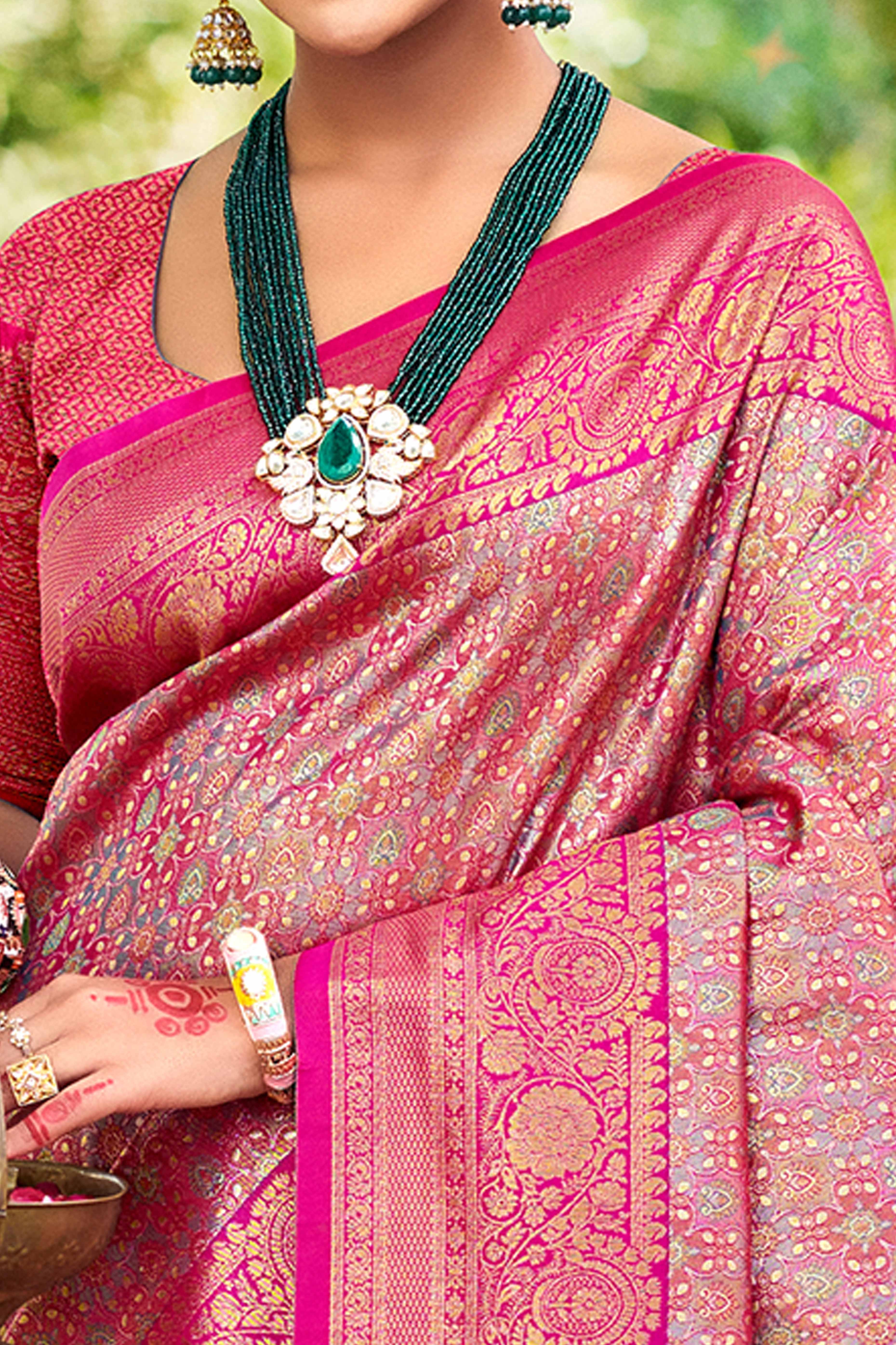 Magenta Traditional Silk Blend Dharmavaram Saree With Floral Weaves & Tassels Pallu