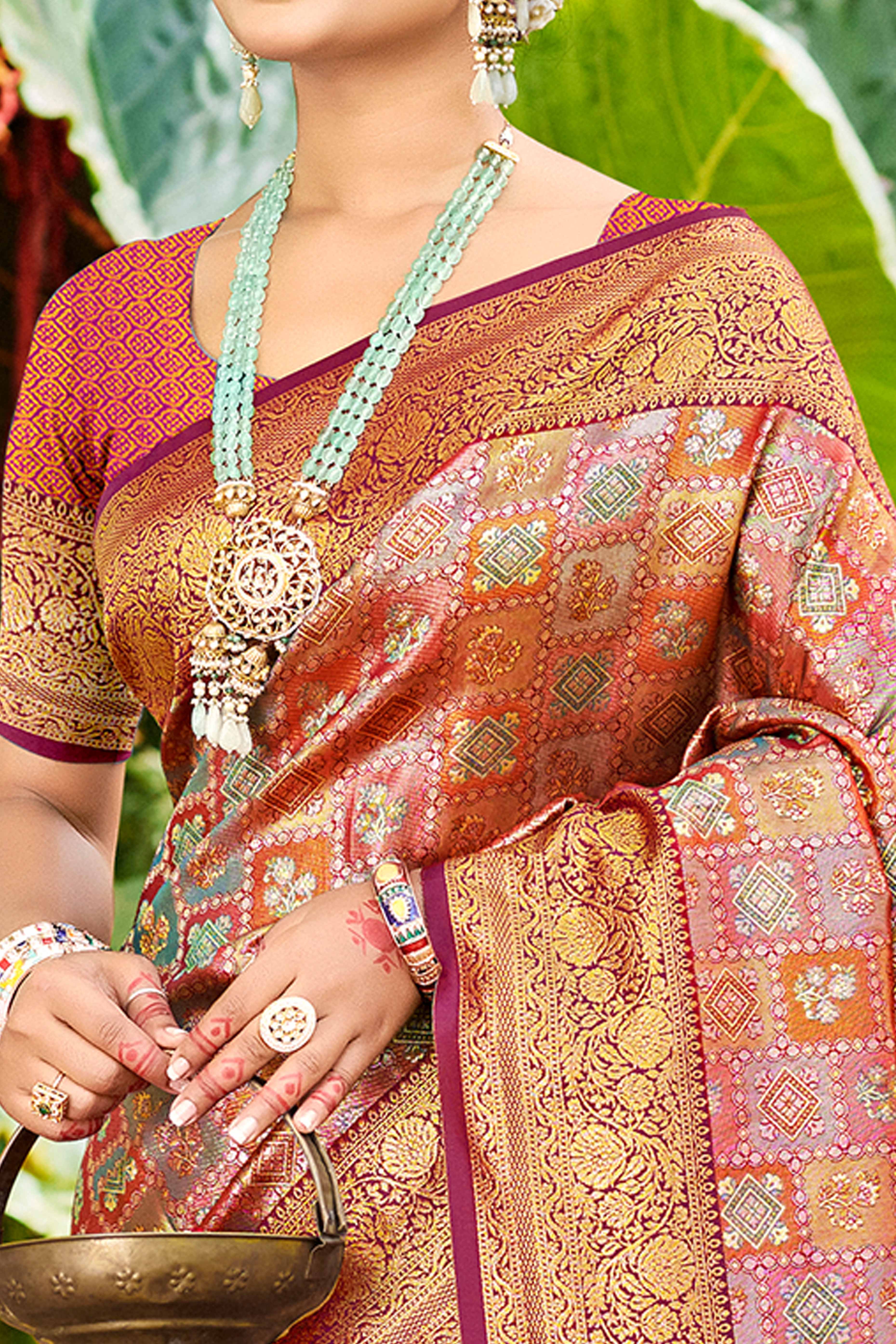 Purple Silk Blend Dharmavaram Saree Featuring Ornate Floral Weaves & Tassels Pallu