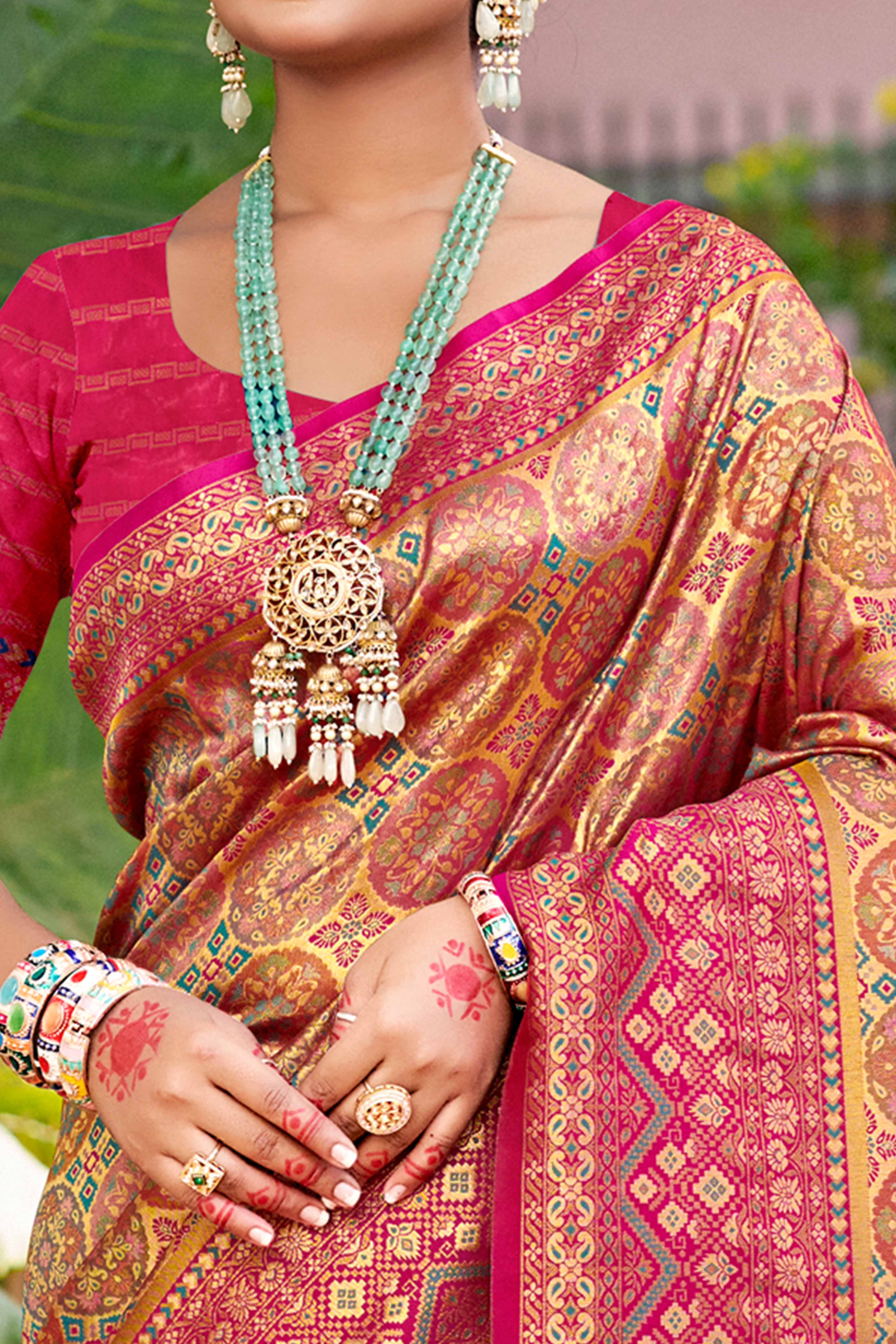 Floral Patterned Beige & Pink Woven Silk Blend Dharmavaram Saree With Tassel Elegance