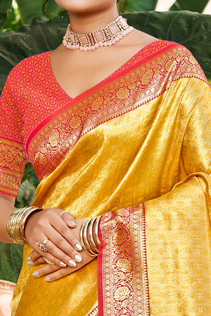 Mustard Paithani Saree In Kanjivaram Silk Adorned With Intricate Floral Weaving