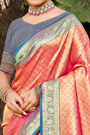 Gajari Pink Paithani Saree In Kanjivaram Silk Adorned With Intricate Floral Weaving