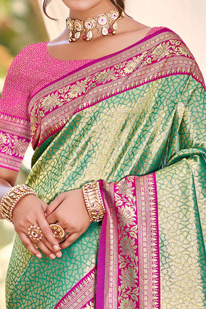 Rama Green Kanjivaram Silk Paithani Saree With Elegant Floral Weaving & Tassel Pallu