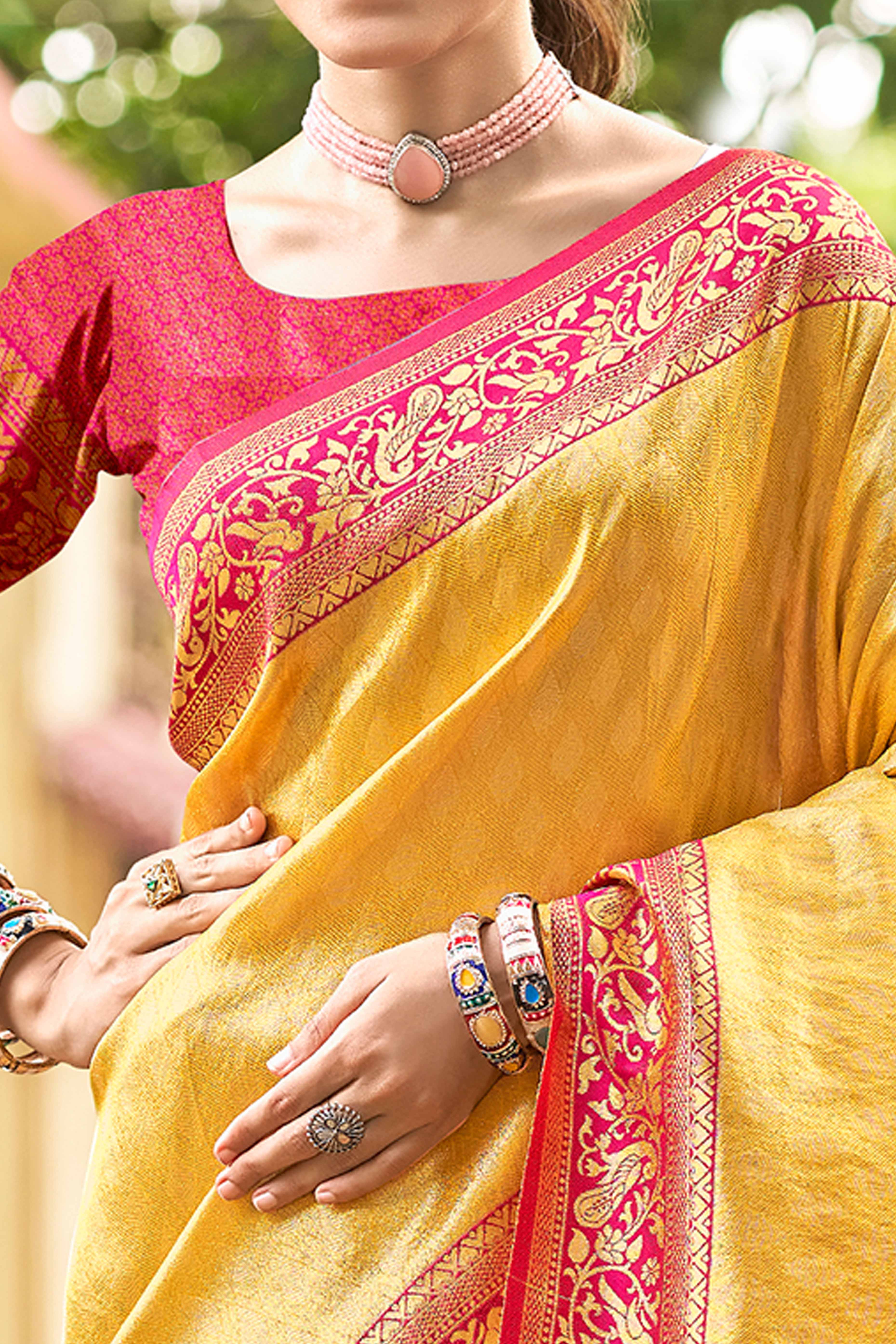 Mustard Floral Woven Paithani Saree In Kanjivaram Silk With Graceful Tassel Pallu