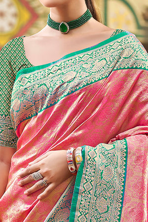 Gajari Pink Paithani Saree In Kanjivaram Silk Featuring Floral Woven Motifs & Tassel Pallu