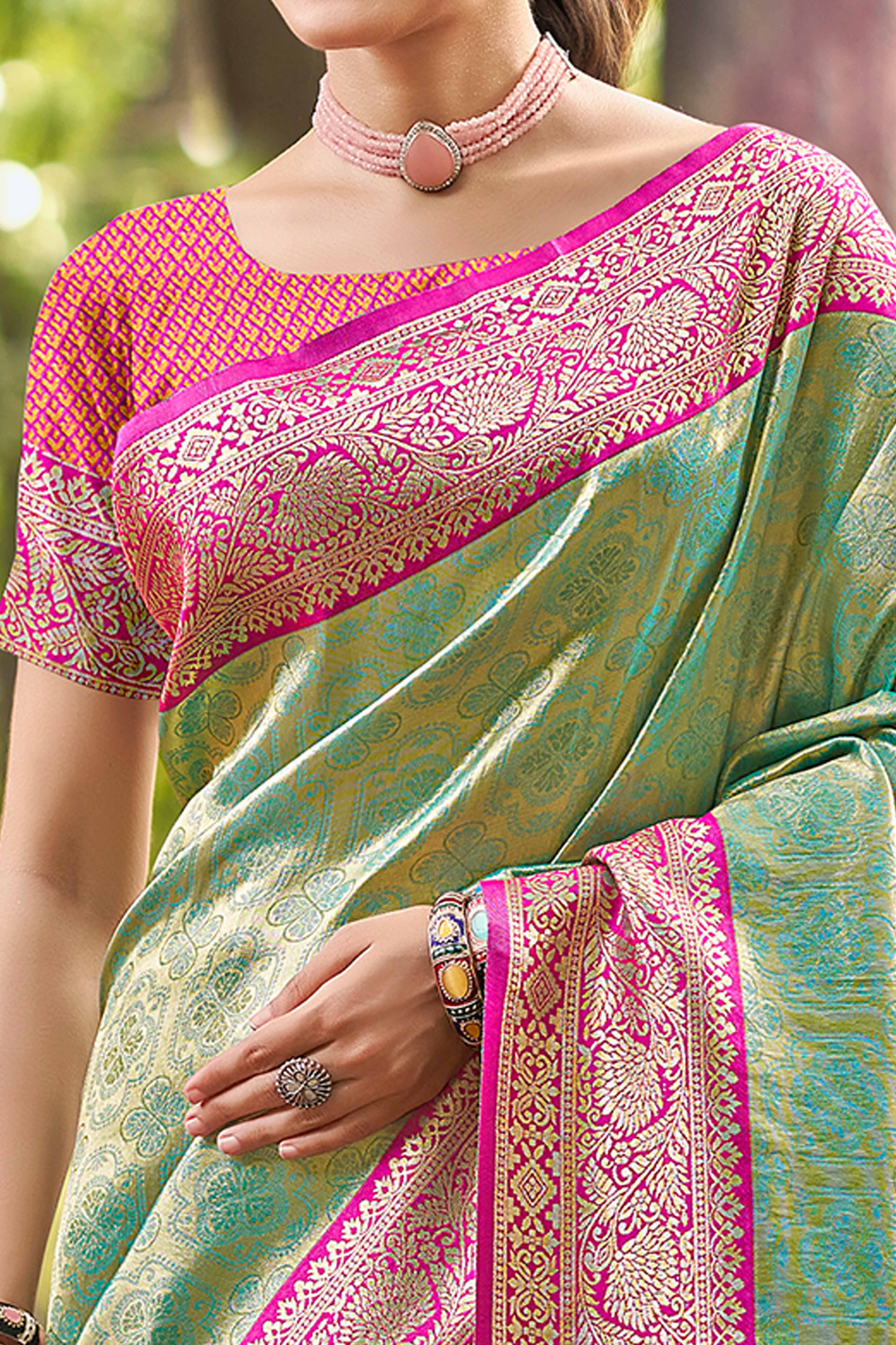 Rama Green Paithani Saree In Kanjivaram Silk Featuring Floral Woven Motifs & Tassel Pallu