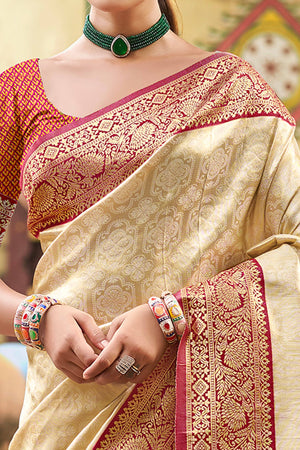 Chikoo Paithani Saree In Kanjivaram Silk Featuring Floral Woven Motifs & Tassel Pallu