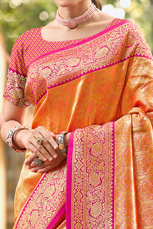 Orange Paithani Saree In Kanjivaram Silk Featuring Floral Woven Motifs & Tassel Pallu