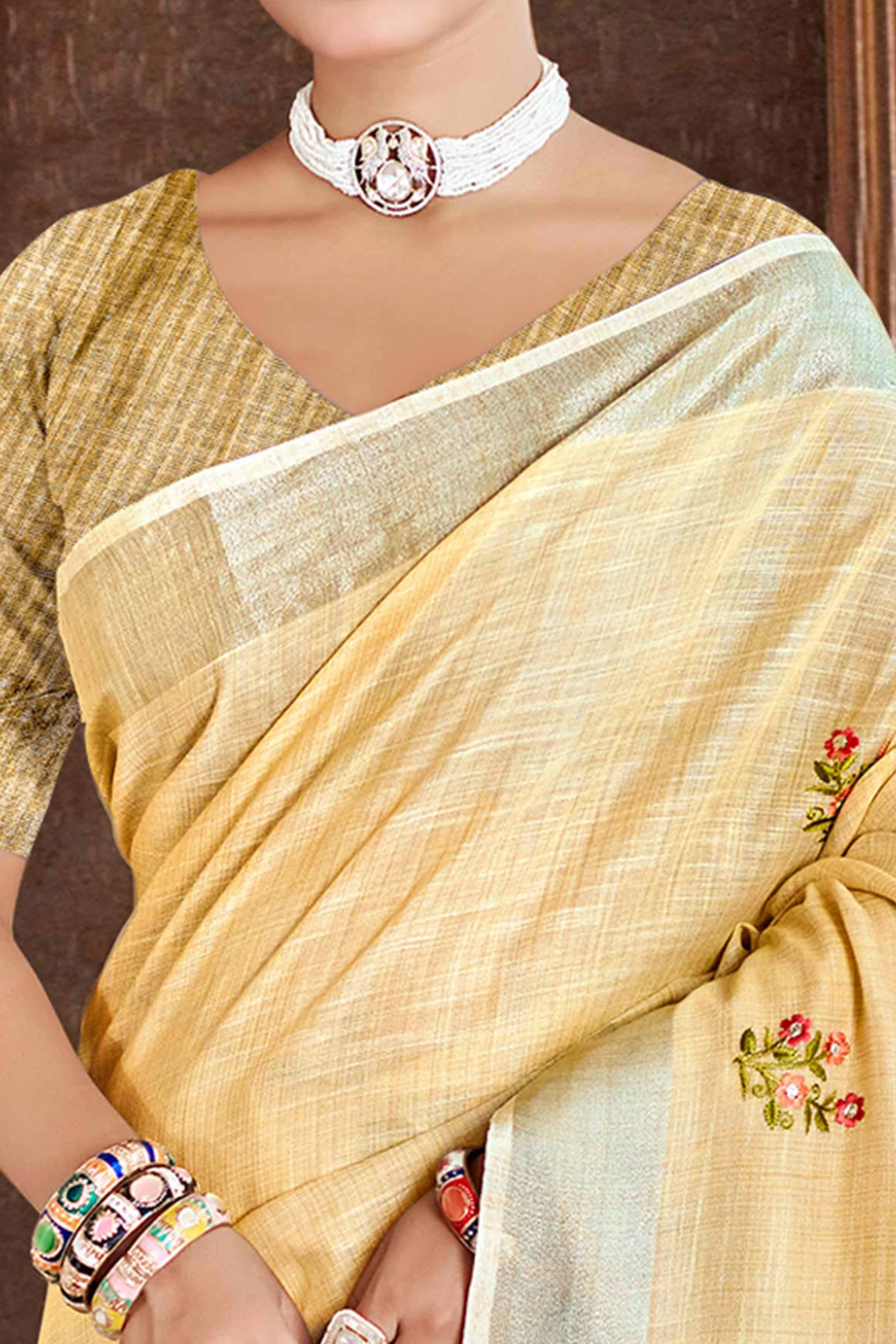 Beige Embroidered Linen Saree with Floral Motifs in Woven Fabric