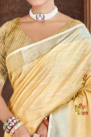 Beige Embroidered Linen Saree with Floral Motifs in Woven Fabric
