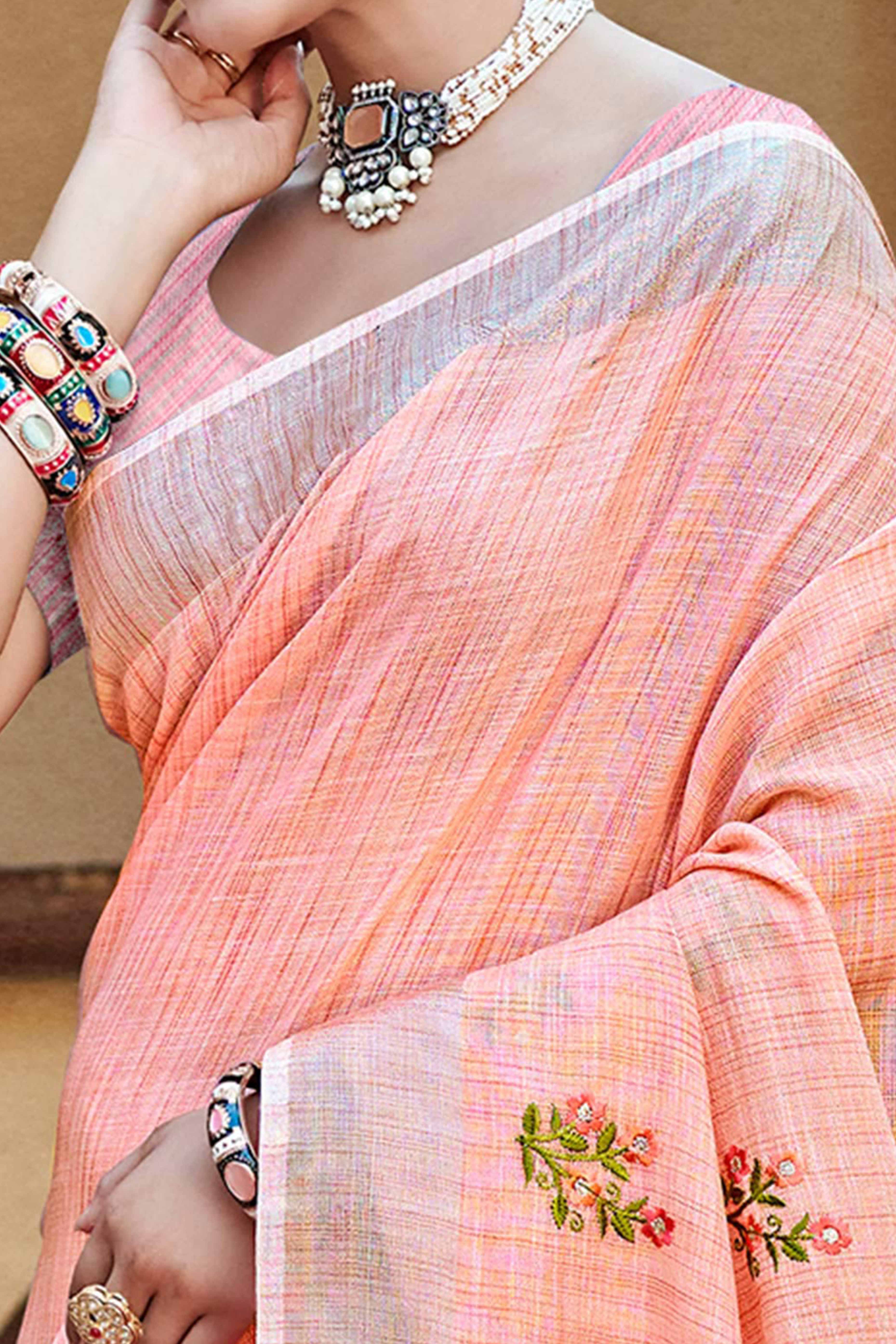 Peach Embroidered Linen Saree with Floral Motifs in Woven Fabric