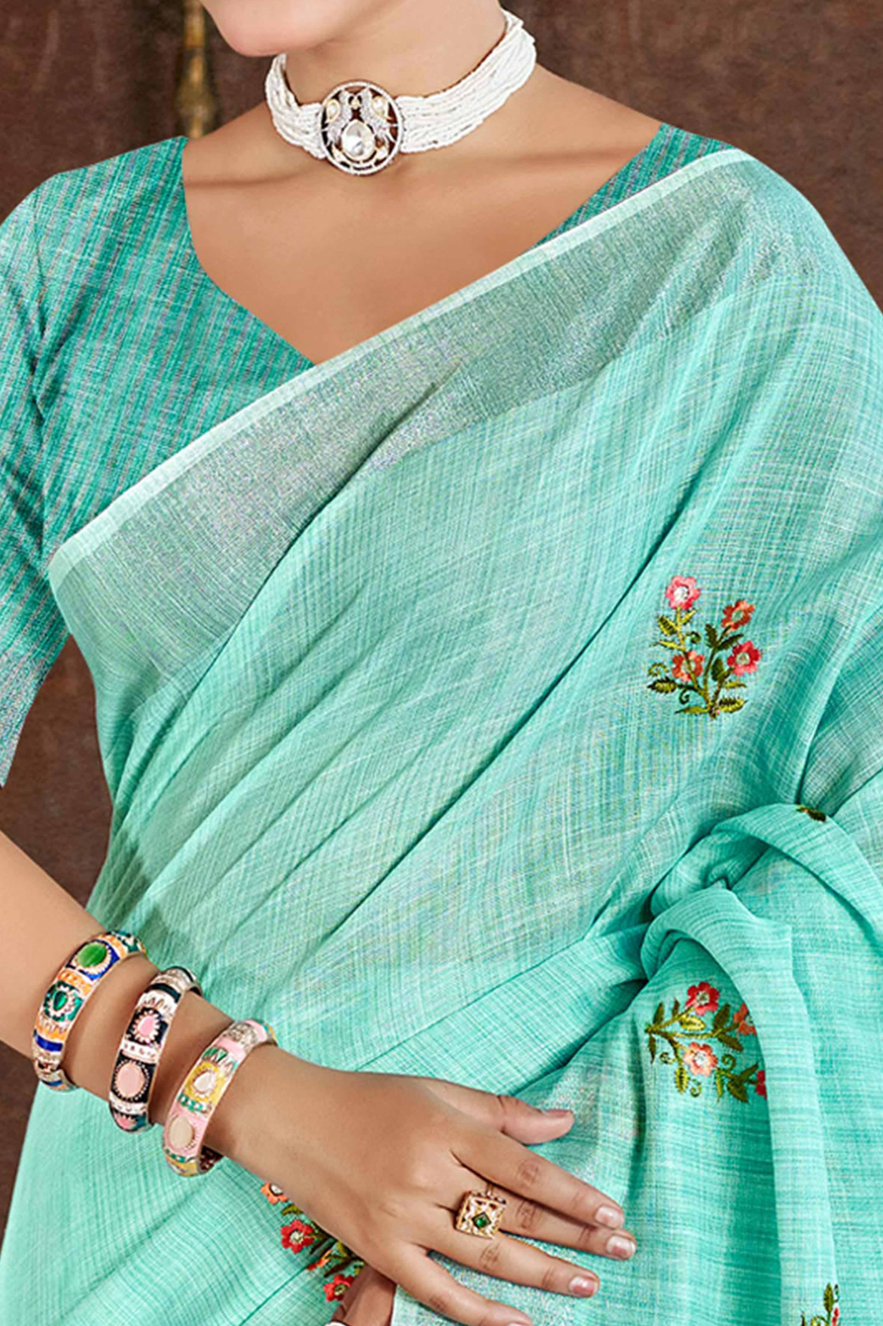 Turquoise Embroidered Linen Saree with Floral Motifs in Woven Fabric