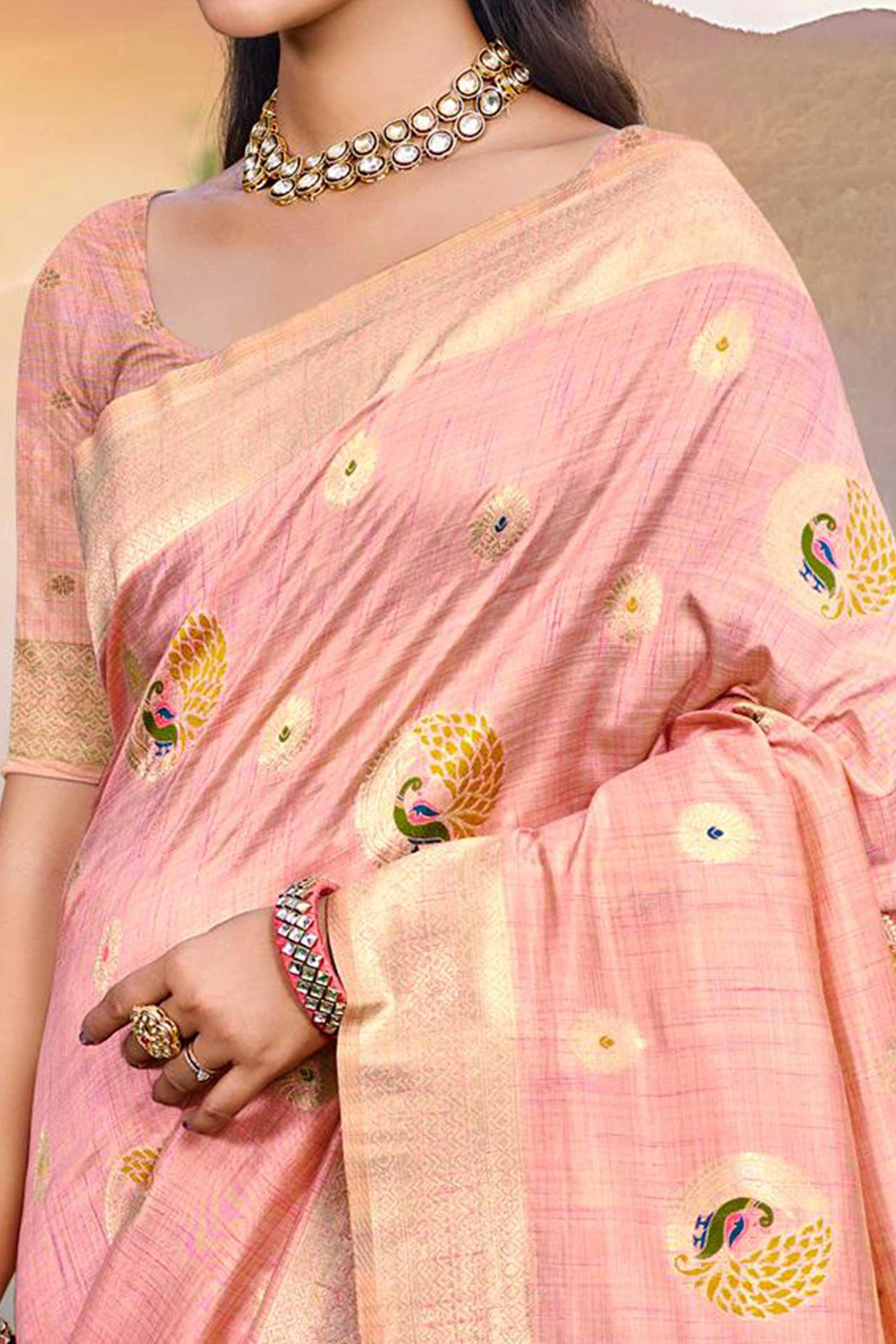 Designer Peach Assam Silk Blend Saree Adorned With Peacock Zari Weaving & Tassel Pallu