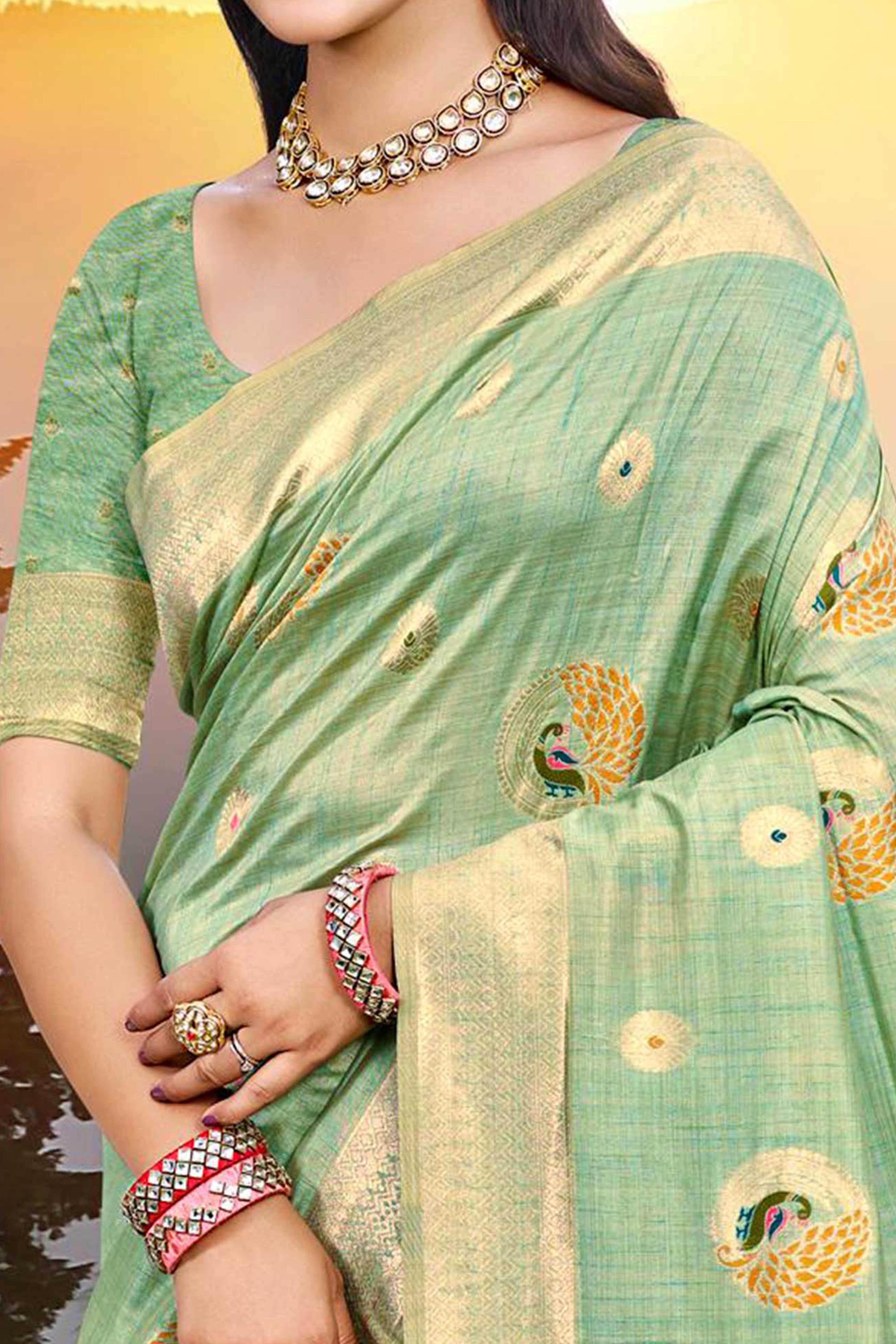 Designer Sea Green Assam Silk Blend Saree Adorned With Peacock Zari Weaving & Tassel Pallu