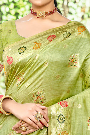 Green Assam Silk Blend Saree Featuring Intricate Floral Zari Weaving With Tassel Pallu