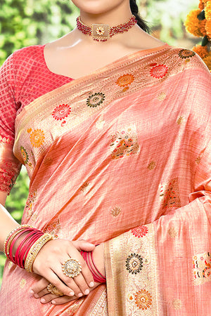Pink Assam Silk Blend Saree Featuring Intricate Floral Zari Weaving With Tassel Pallu