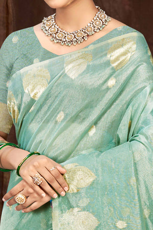 Sea Green Kota Doria Saree with Munga Weave and Zari Accents