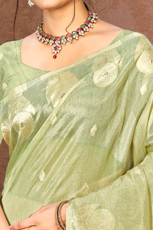 Green Kota Doria Saree with Rich Traditional Zari Woven Borders