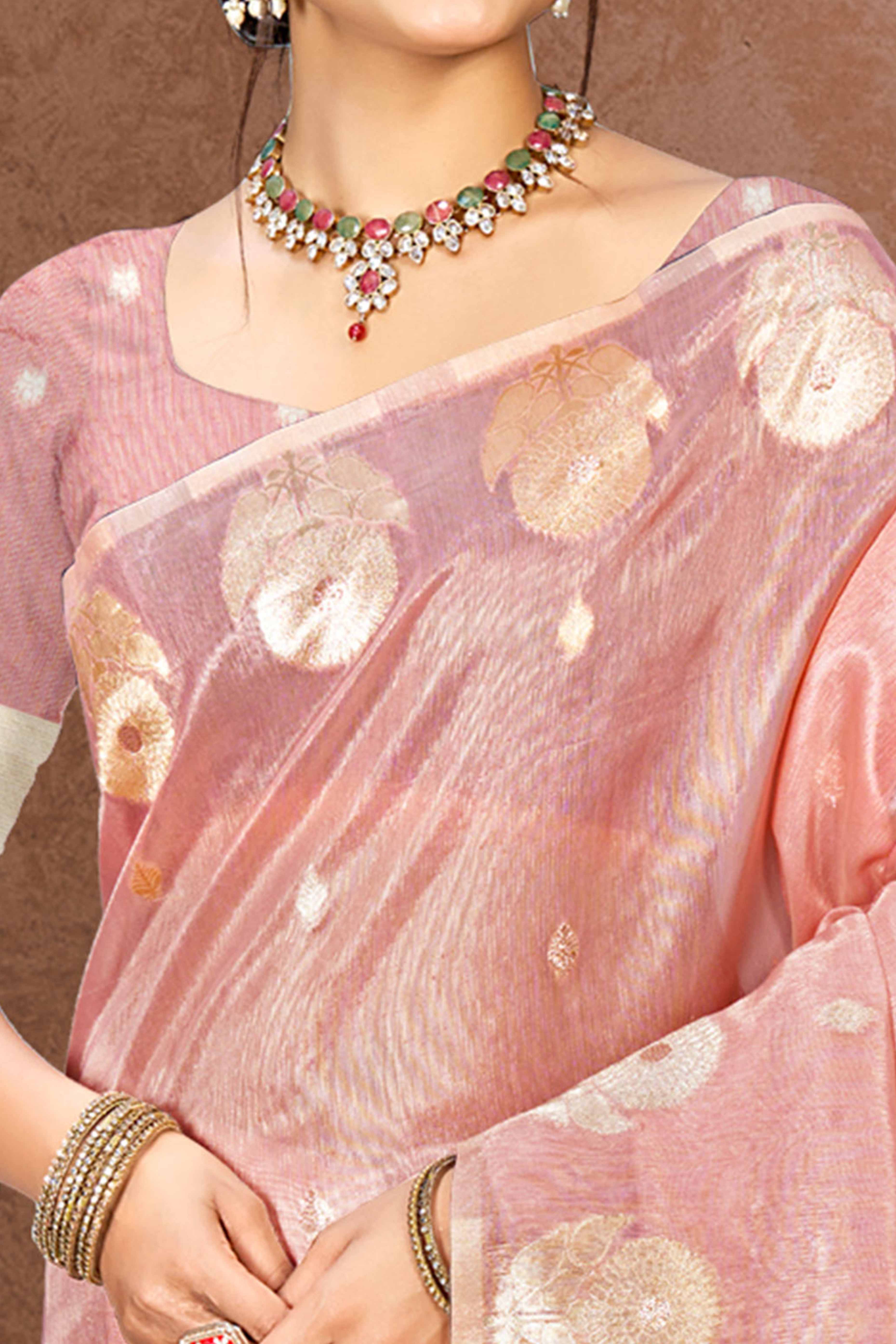 Pink Kota Doria Saree with Rich Traditional Zari Woven Borders