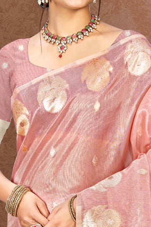 Pink Kota Doria Saree with Rich Traditional Zari Woven Borders